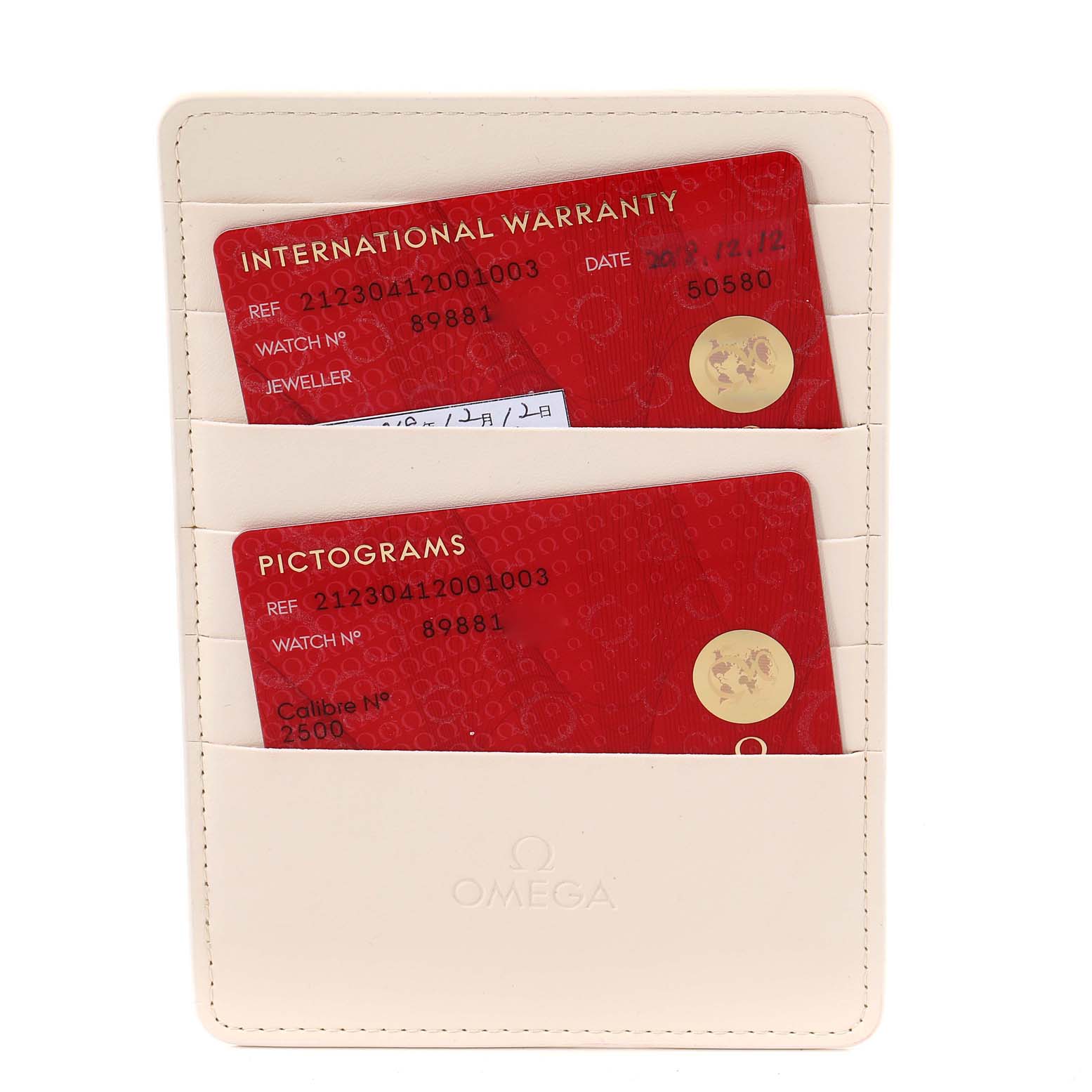 The image shows an Omega Seamaster 212.30.41.20.01.003 Men's Stainless Steel Black Dial 212.30.41.20.01.003 Men's Stainless Steel Black Dial's international warranty and pictogram cards in a white cardholder.