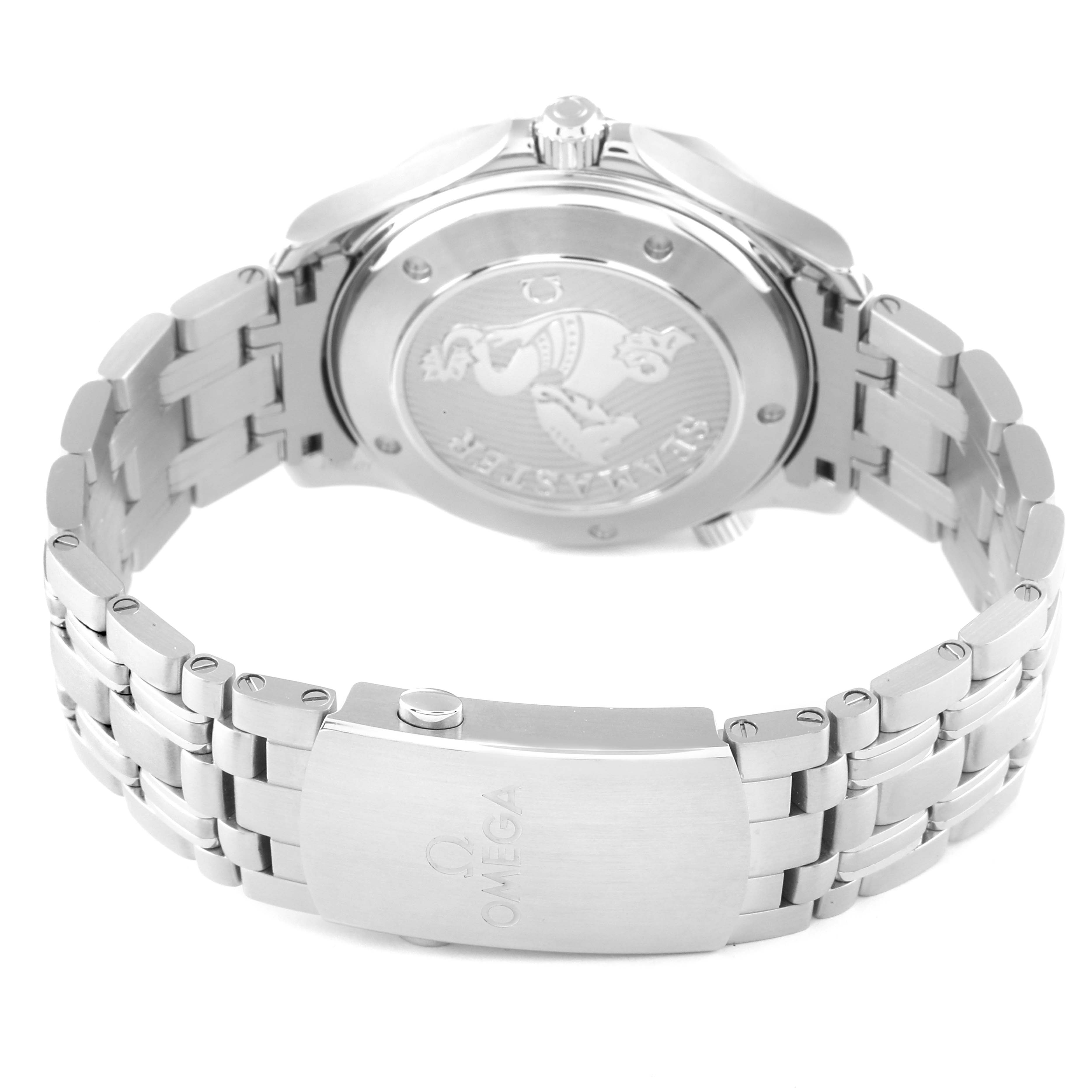 The image displays the back case and bracelet of an Omega Seamaster 212.30.41.20.01.003 Men's Stainless Steel Black Dial 212.30.41.20.01.003 Men's Stainless Steel Black Dial watch at a rear angle.