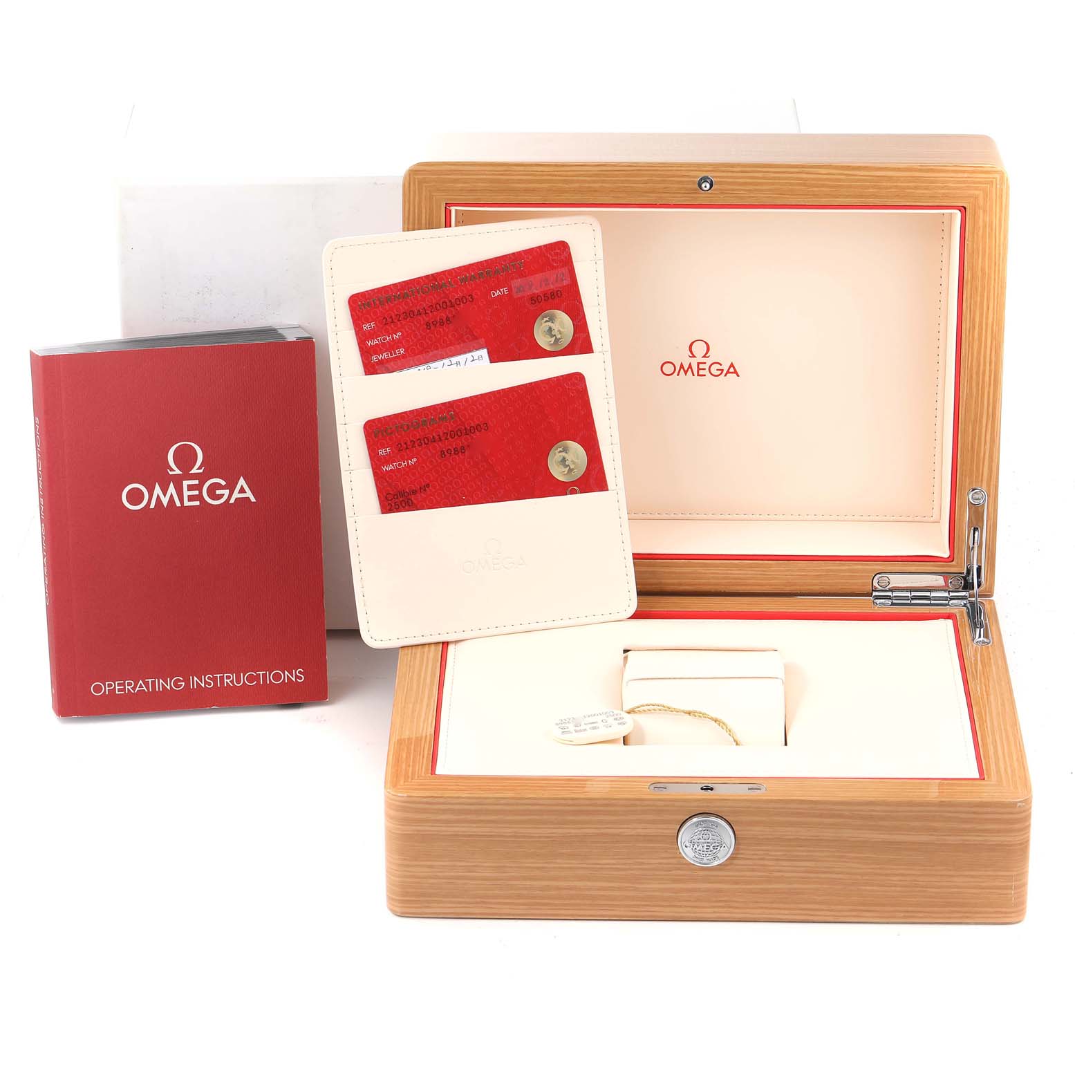 The image shows Omega Seamaster 212.30.41.20.01.003 Men's Stainless Steel Black Dial 212.30.41.20.01.003 Men's Stainless Steel Black Dial watch accessories including a wooden box, operating instructions, and warranty cards.