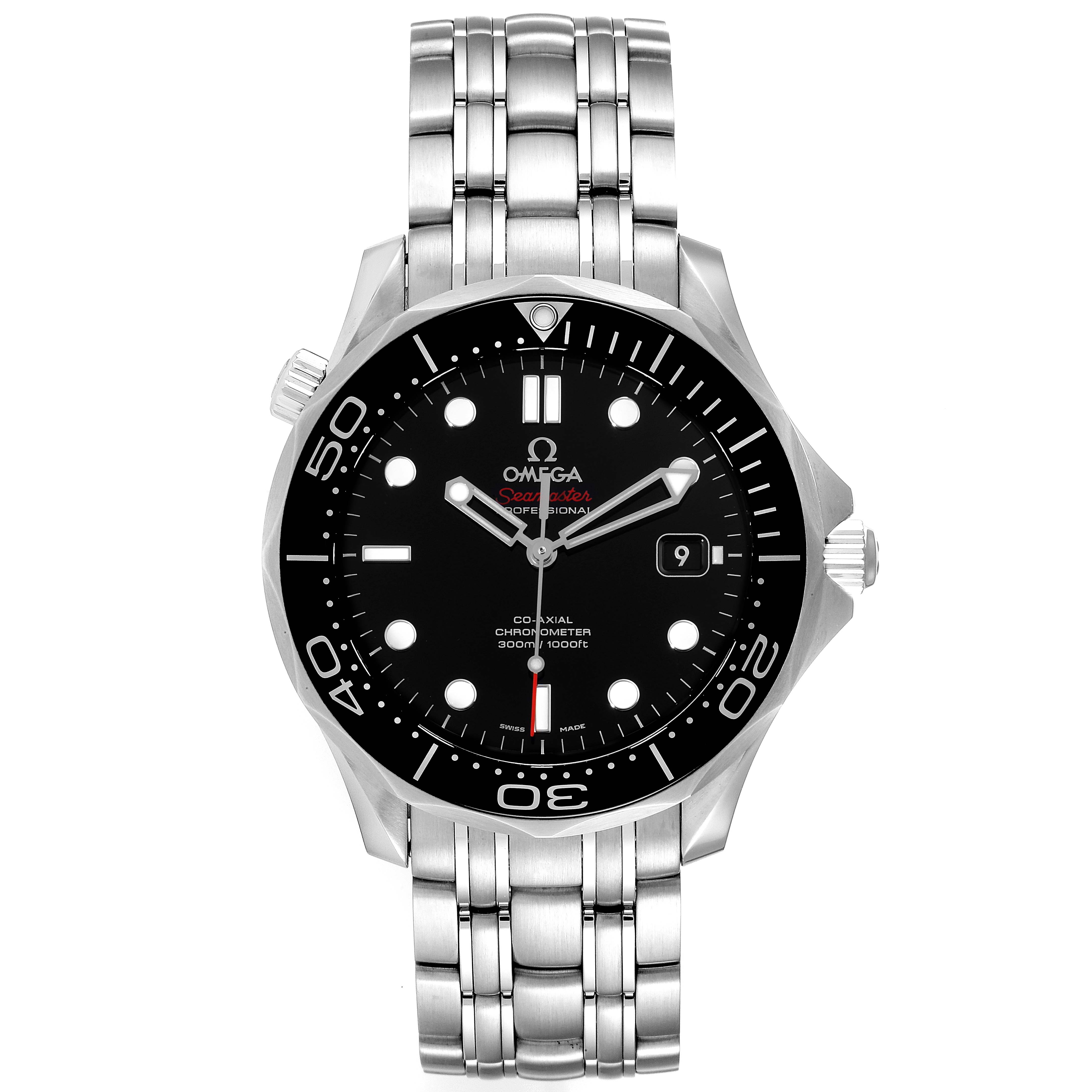 The image shows a front view of an Omega Seamaster 212.30.41.20.01.003 Men's Stainless Steel Black Dial 212.30.41.20.01.003 Men's Stainless Steel Black Dial watch displaying the dial, bezel, bracelet, and crown.