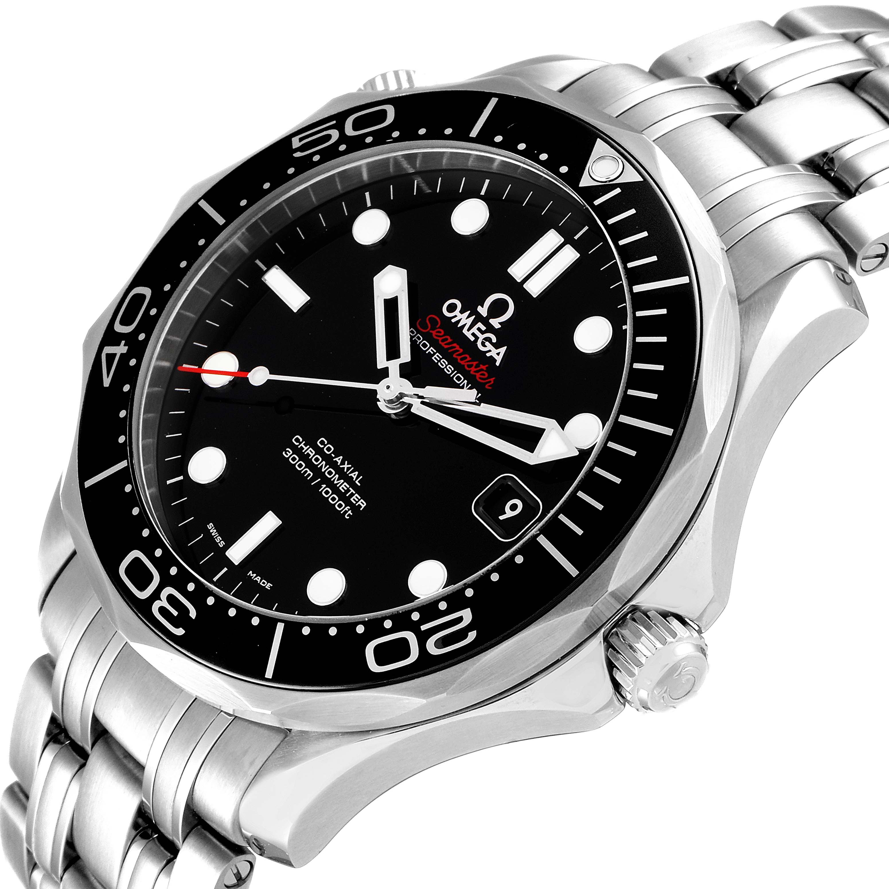 The Omega Seamaster 212.30.41.20.01.003 Men's Stainless Steel Black Dial 212.30.41.20.01.003 Men's Stainless Steel Black Dial watch is shown at an angled view, highlighting its dial, bezel, crown, and bracelet.