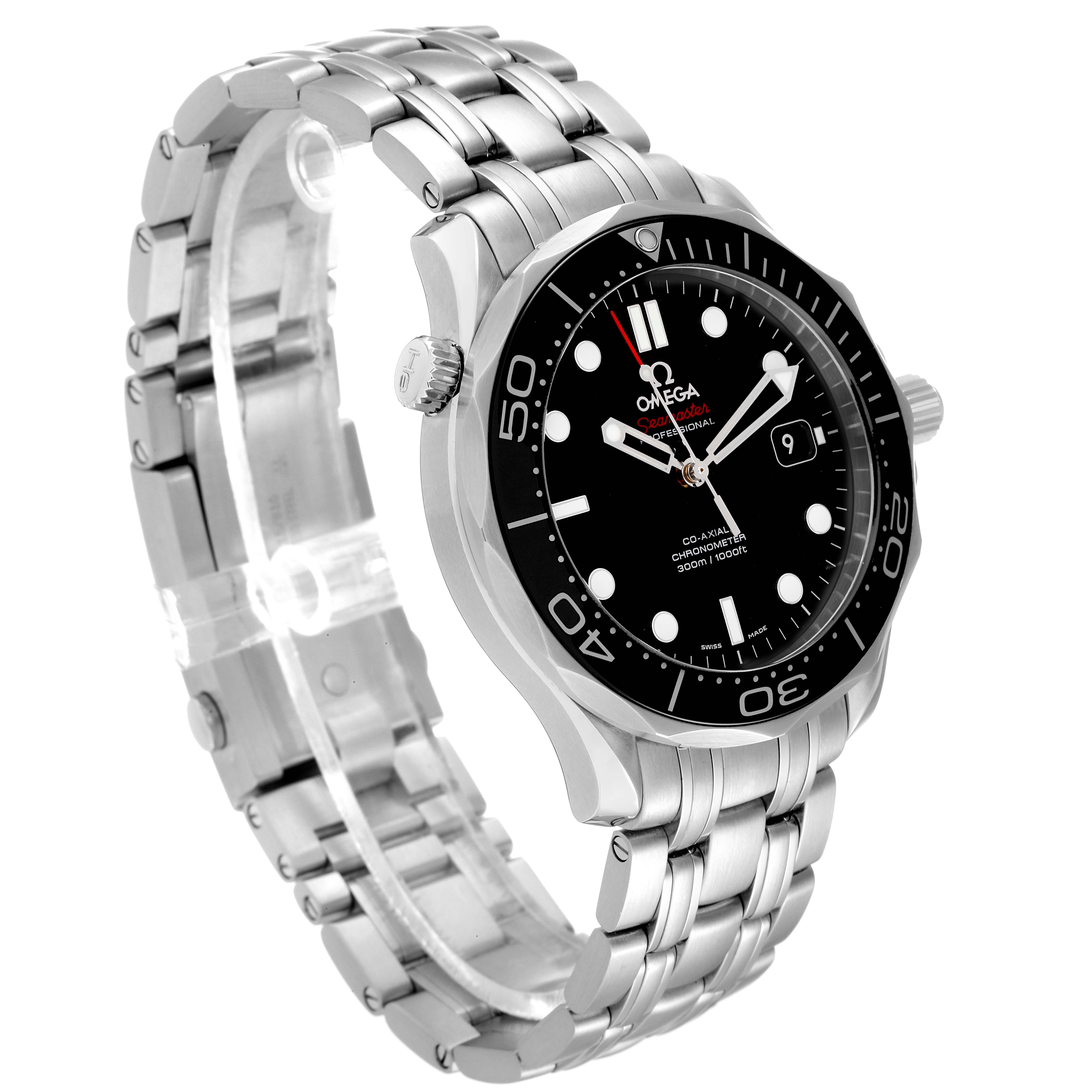 The image shows an Omega Seamaster 212.30.41.20.01.003 Men's Stainless Steel Black Dial 212.30.41.20.01.003 Men's Stainless Steel Black Dial watch at a three-quarter angle, highlighting its stainless steel bracelet and black dial face.