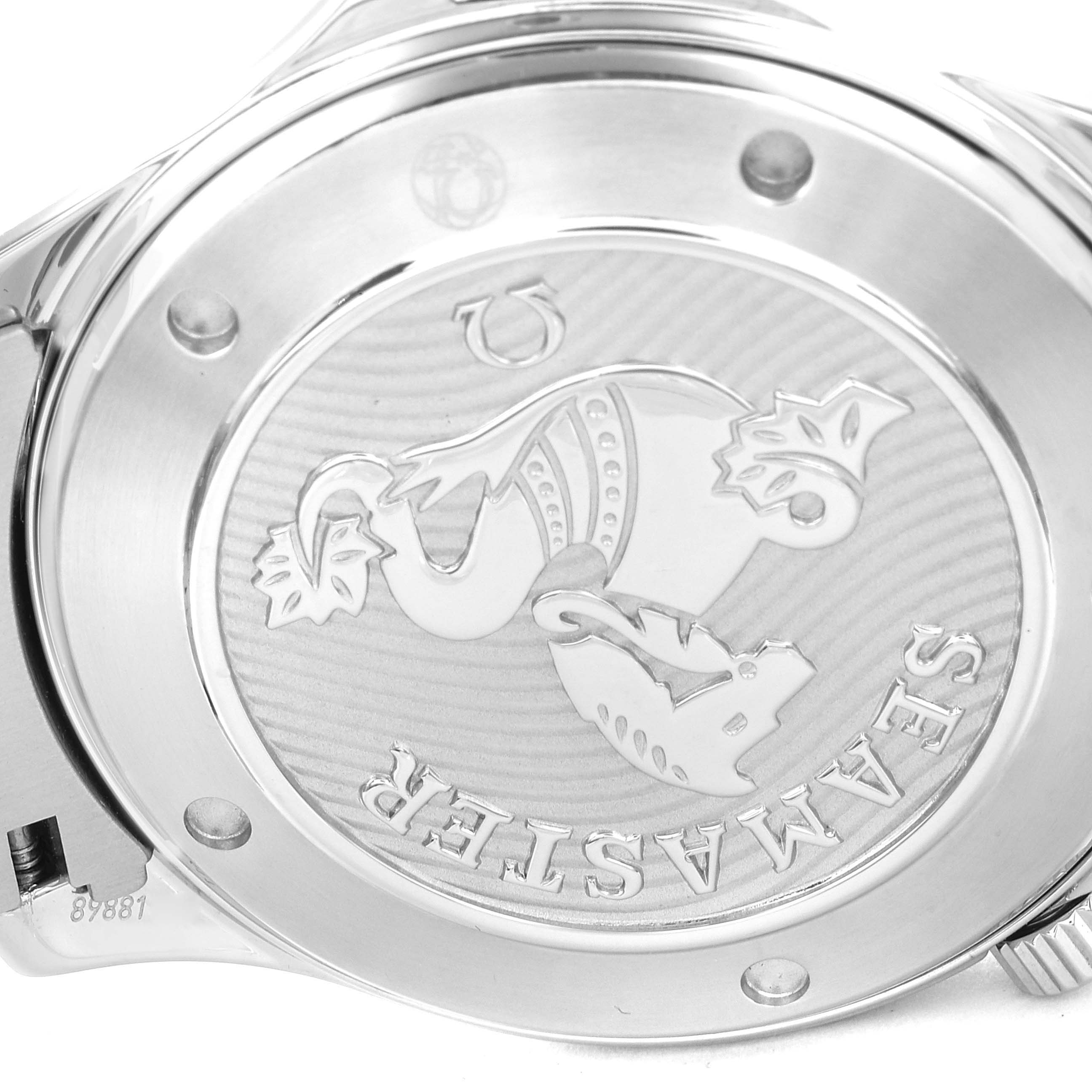 This image shows the back case of an Omega Seamaster 212.30.41.20.01.003 Men's Stainless Steel Black Dial 212.30.41.20.01.003 Men's Stainless Steel Black Dial watch, featuring the engraved brand emblem and model name.