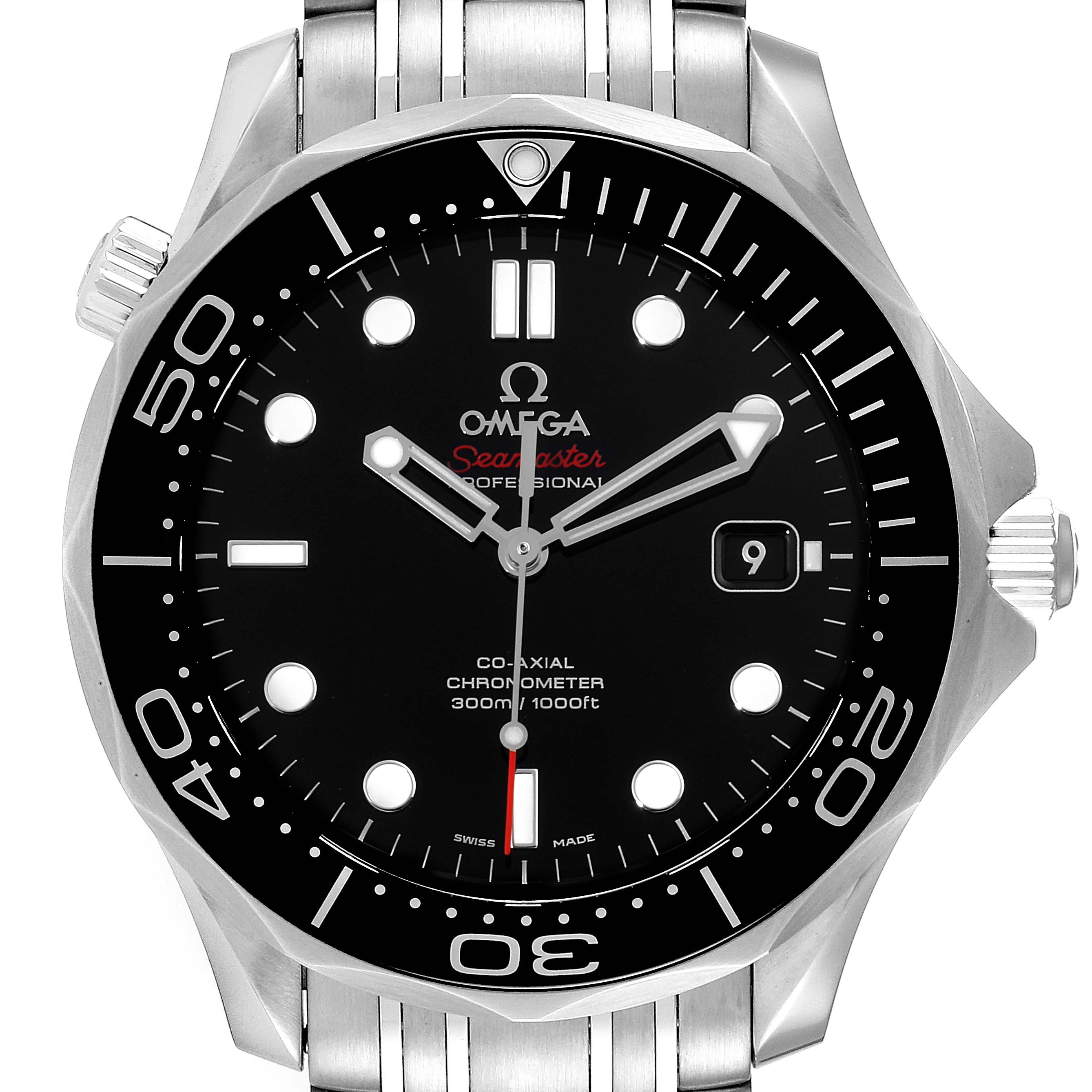 The image shows a front view of an Omega Seamaster 212.30.41.20.01.003 Men's Stainless Steel Black Dial 212.30.41.20.01.003 Men's Stainless Steel Black Dial watch, focusing on the dial, bezel, and part of the bracelet.