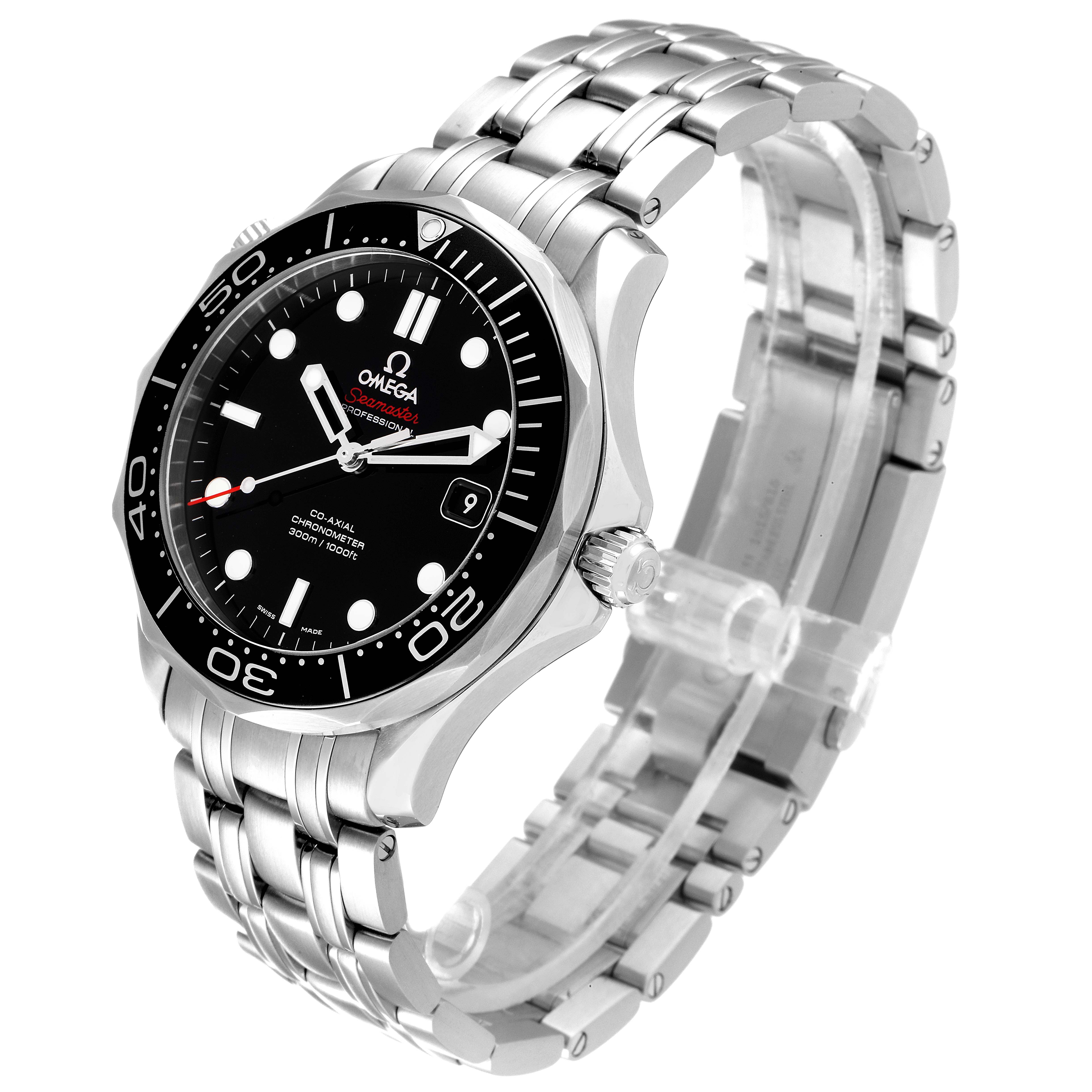 This image shows a side view of the Omega Seamaster 212.30.41.20.01.003 Men's Stainless Steel Black Dial 212.30.41.20.01.003 Men's Stainless Steel Black Dial watch highlighting the face, bezel, crown, and metal bracelet.