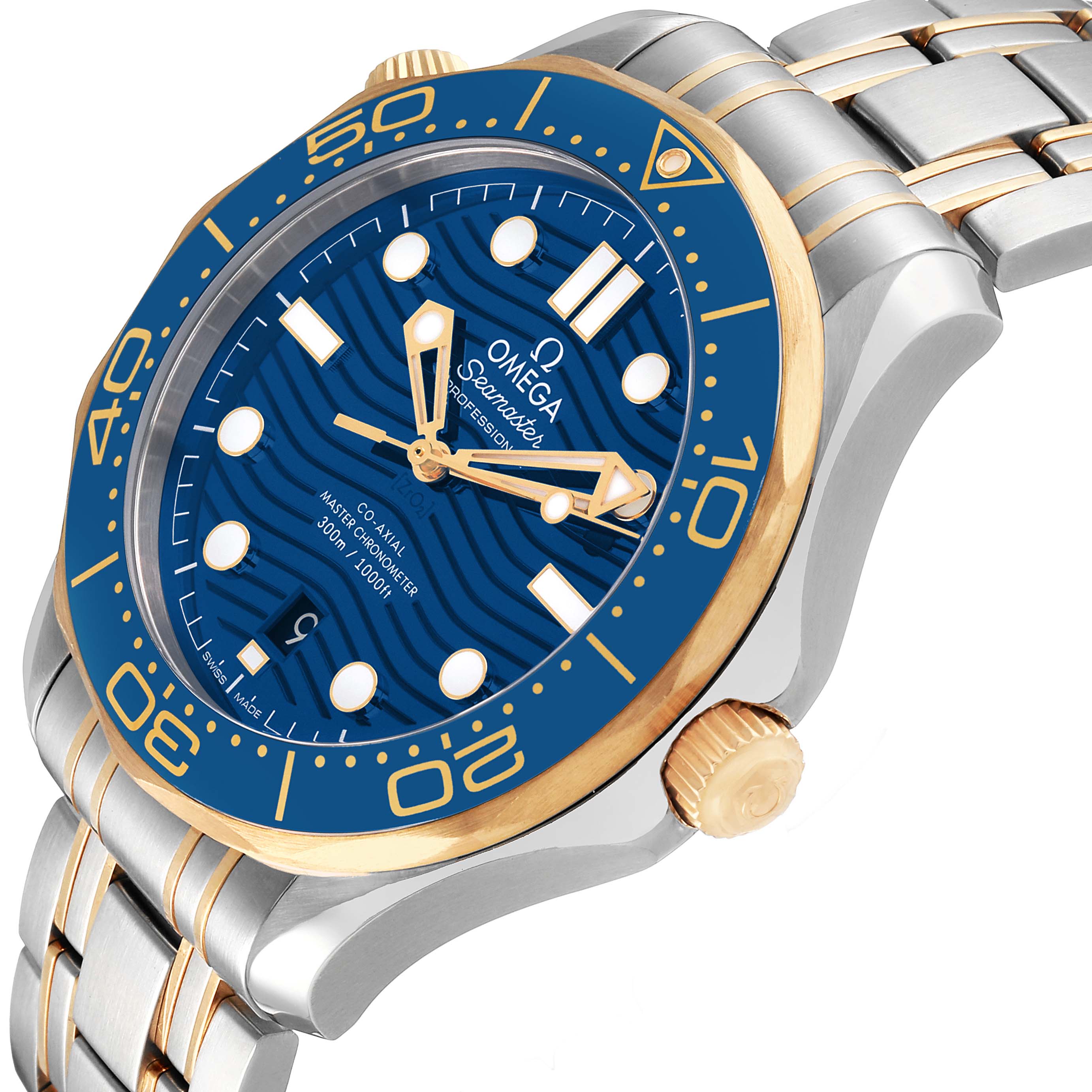 The Omega Seamaster 210.20.42.20.03.001 Men's Steel and Gold (two tone) Blue Dial watch is shown from an angled perspective, highlighting its blue and gold bezel, blue dial, and metal bracelet.