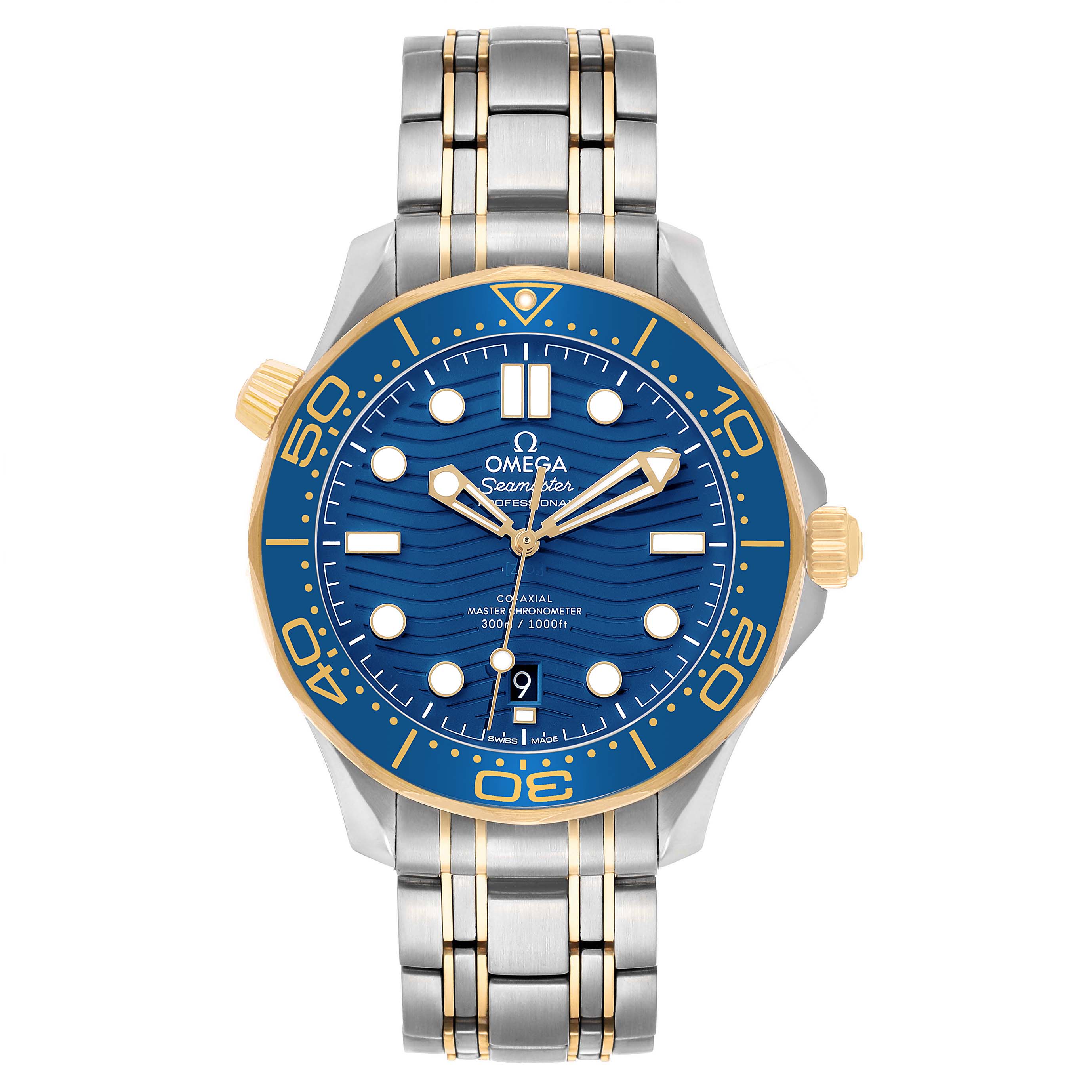 The Omega Seamaster 210.20.42.20.03.001 Men's Steel and Gold (two tone) Blue Dial watch is shown from a front angle, displaying the dial, bezel, and bracelet.
