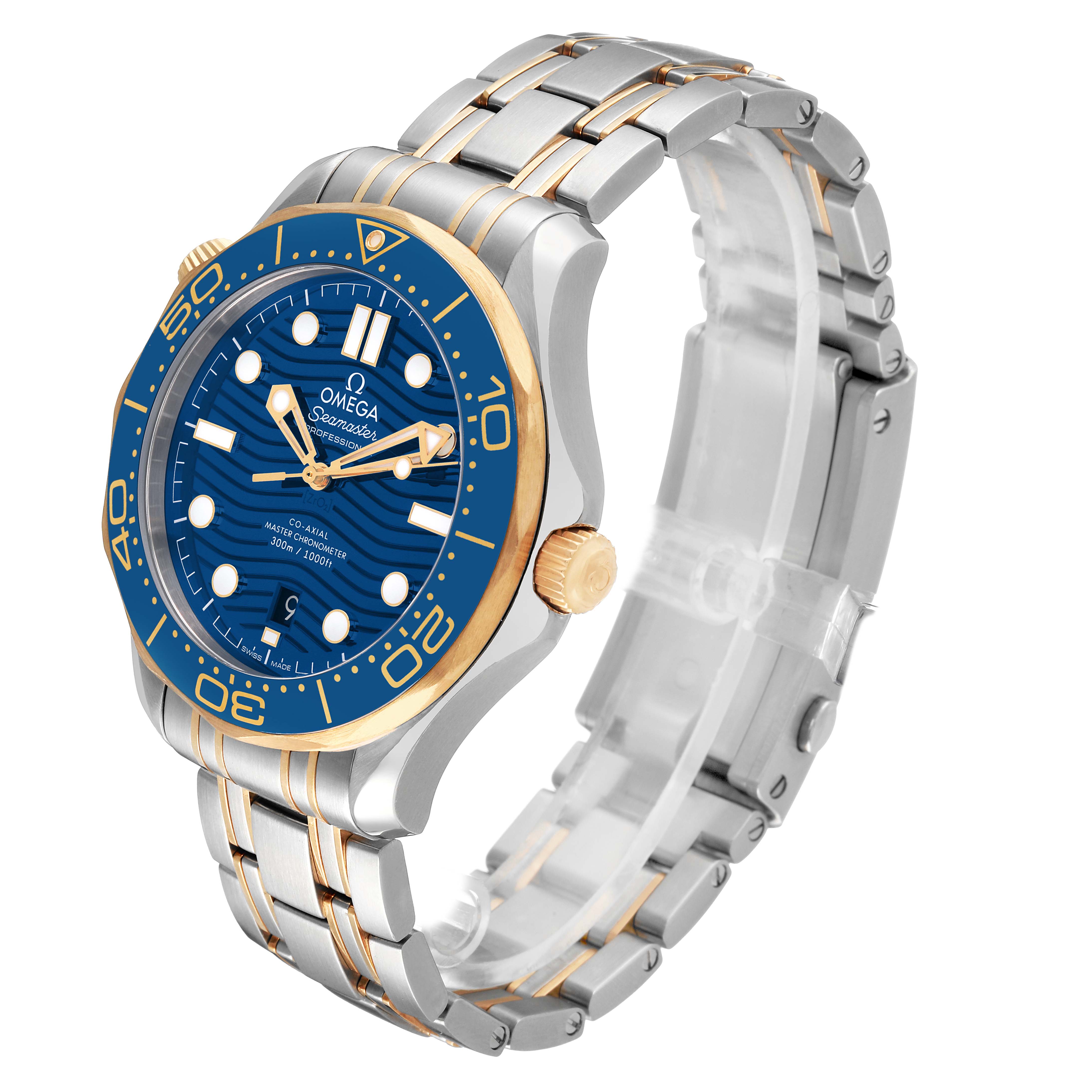 The Omega Seamaster 210.20.42.20.03.001 Men's Steel and Gold (two tone) Blue Dial watch is shown at a three-quarter angle, displaying the face, bezel, crown, and bracelet.