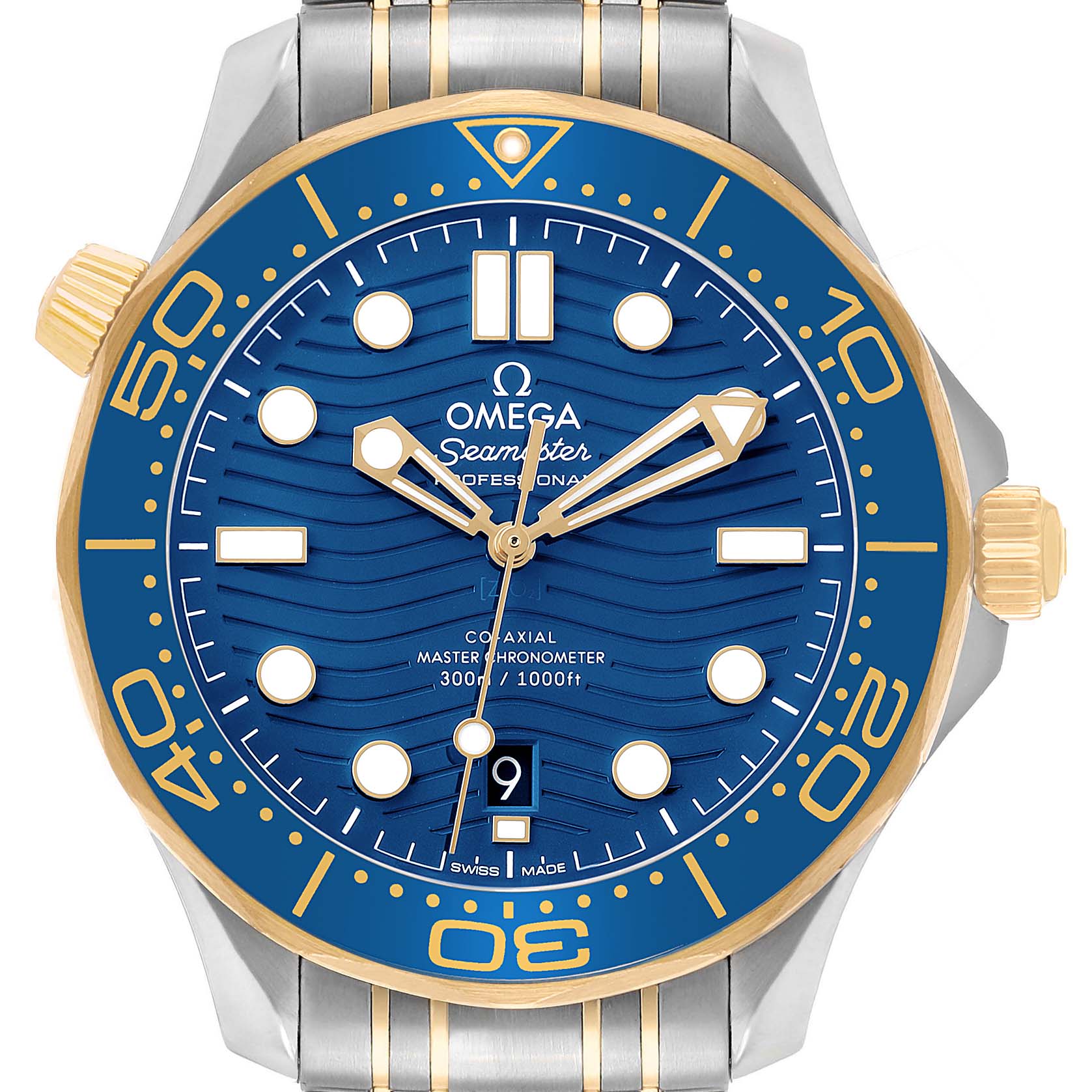 The Omega Seamaster 210.20.42.20.03.001 Men's Steel and Gold (two tone) Blue Dial watch is shown from a front angle, highlighting its blue dial, gold bezel, crown, and part of the bracelet.