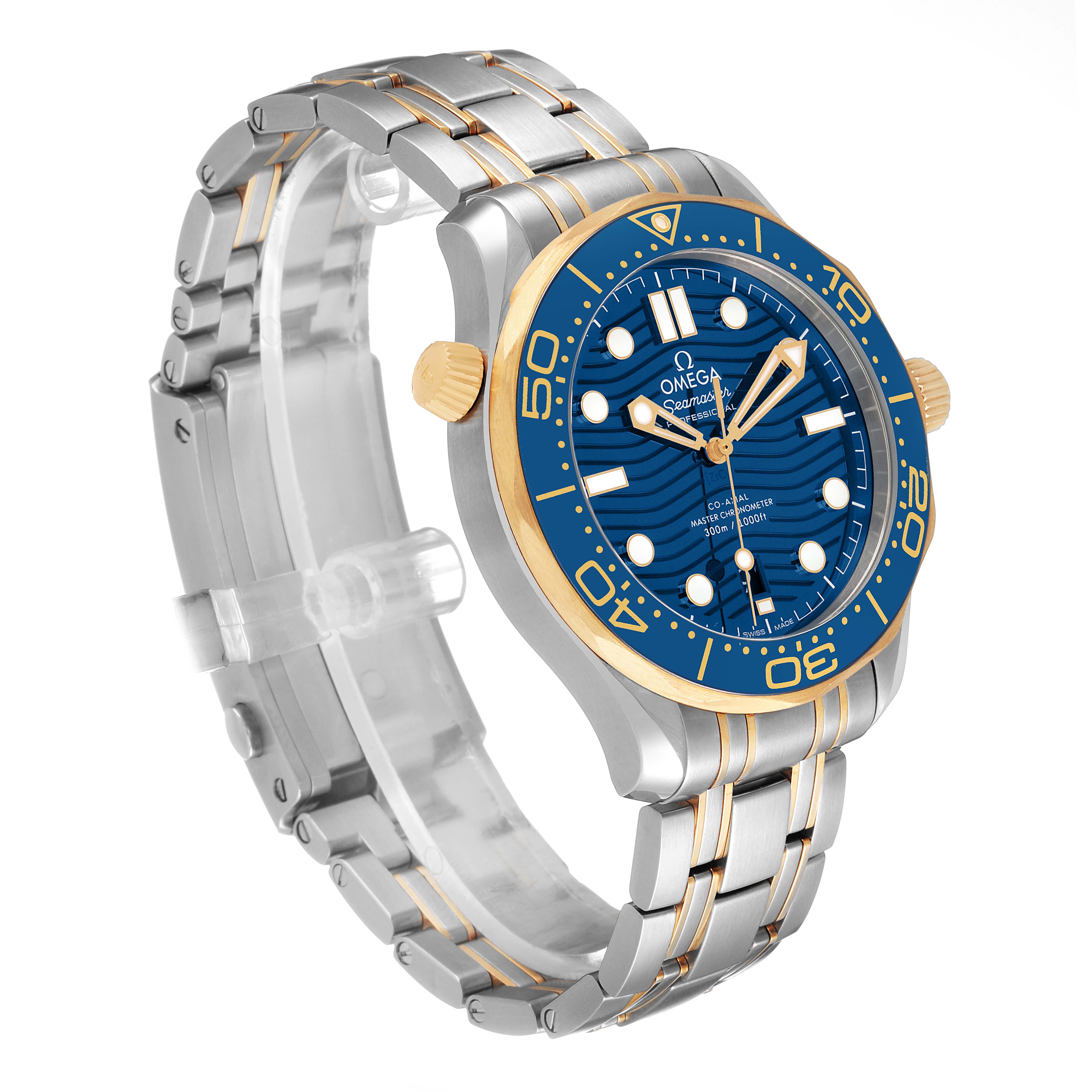 The image shows an angled view of the Omega Seamaster 210.20.42.20.03.001 Men's Steel and Gold (two tone) Blue Dial watch, highlighting its blue dial, bezel, and metal bracelet.