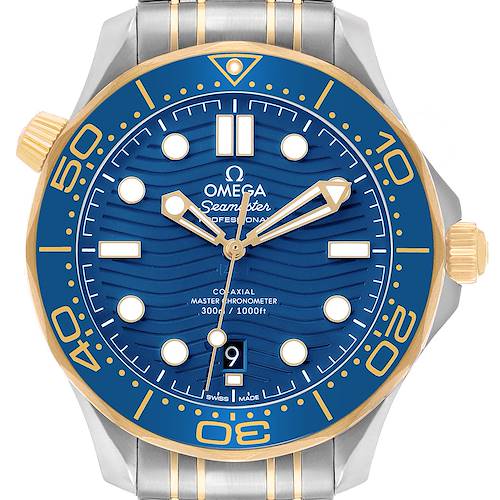 The Omega Seamaster 210.20.42.20.03.001 Men's Steel and Gold (two tone) Blue Dial watch is shown from the front, highlighting the dial, bezel, crown, and part of the bracelet.