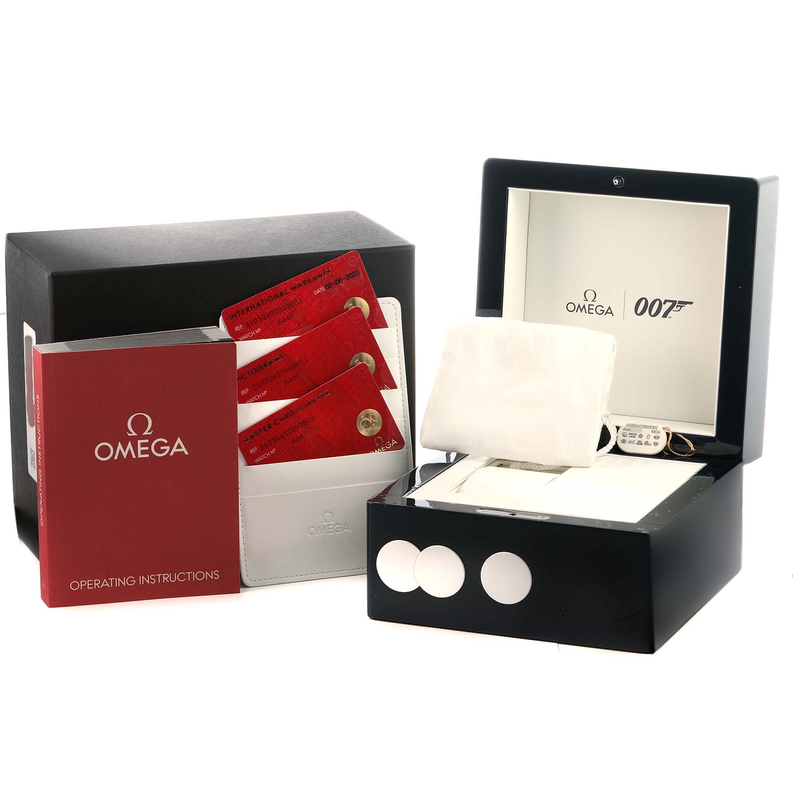 The image shows an Omega Seamaster 210.30.42.20.03.002 Men's Stainless Steel Blue Dial watch box, operating instructions, and warranty cards from a front angle.