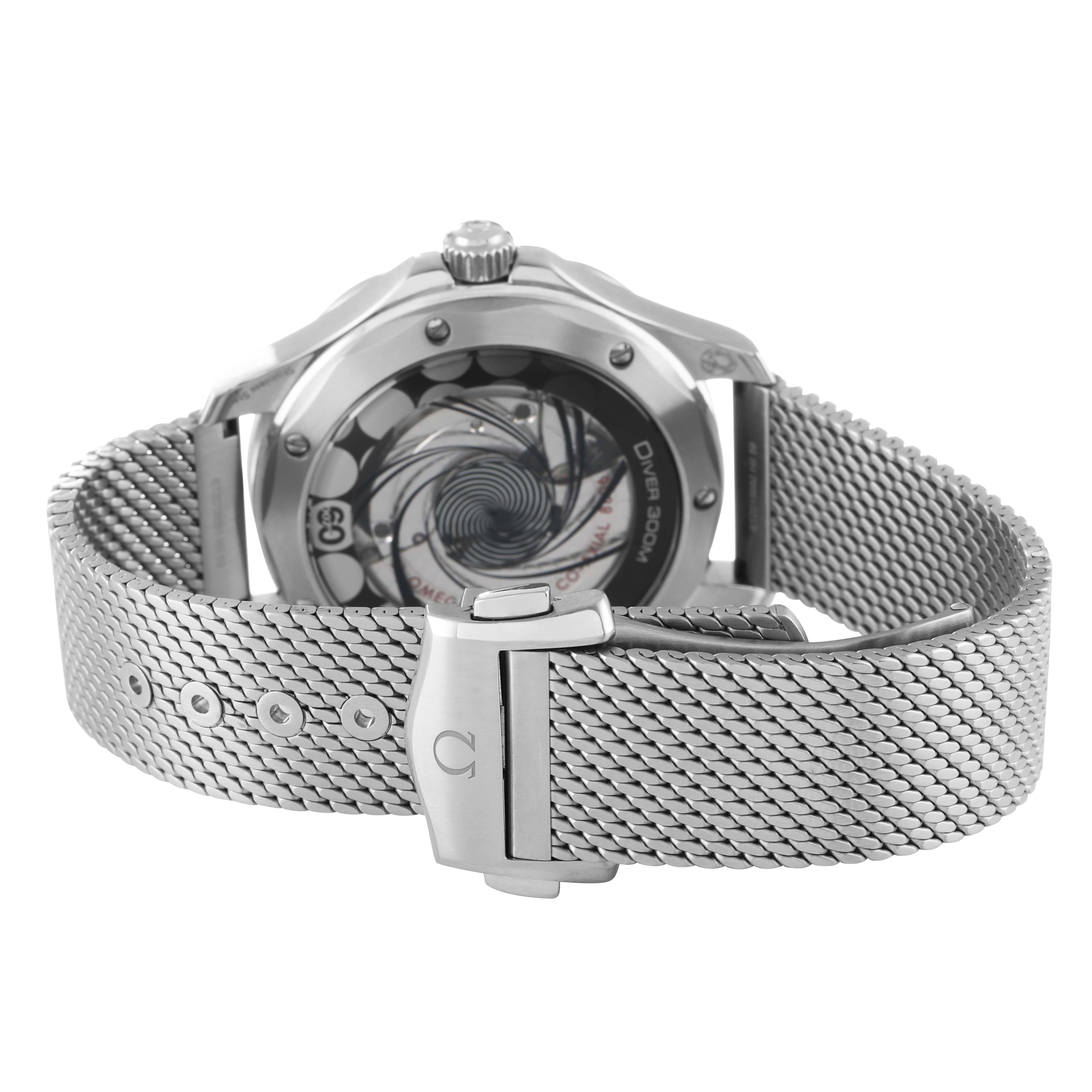 The Omega Seamaster 210.30.42.20.03.002 Men's Stainless Steel Blue Dial watch is shown from the back, highlighting the case back and metal mesh bracelet with a clasp.