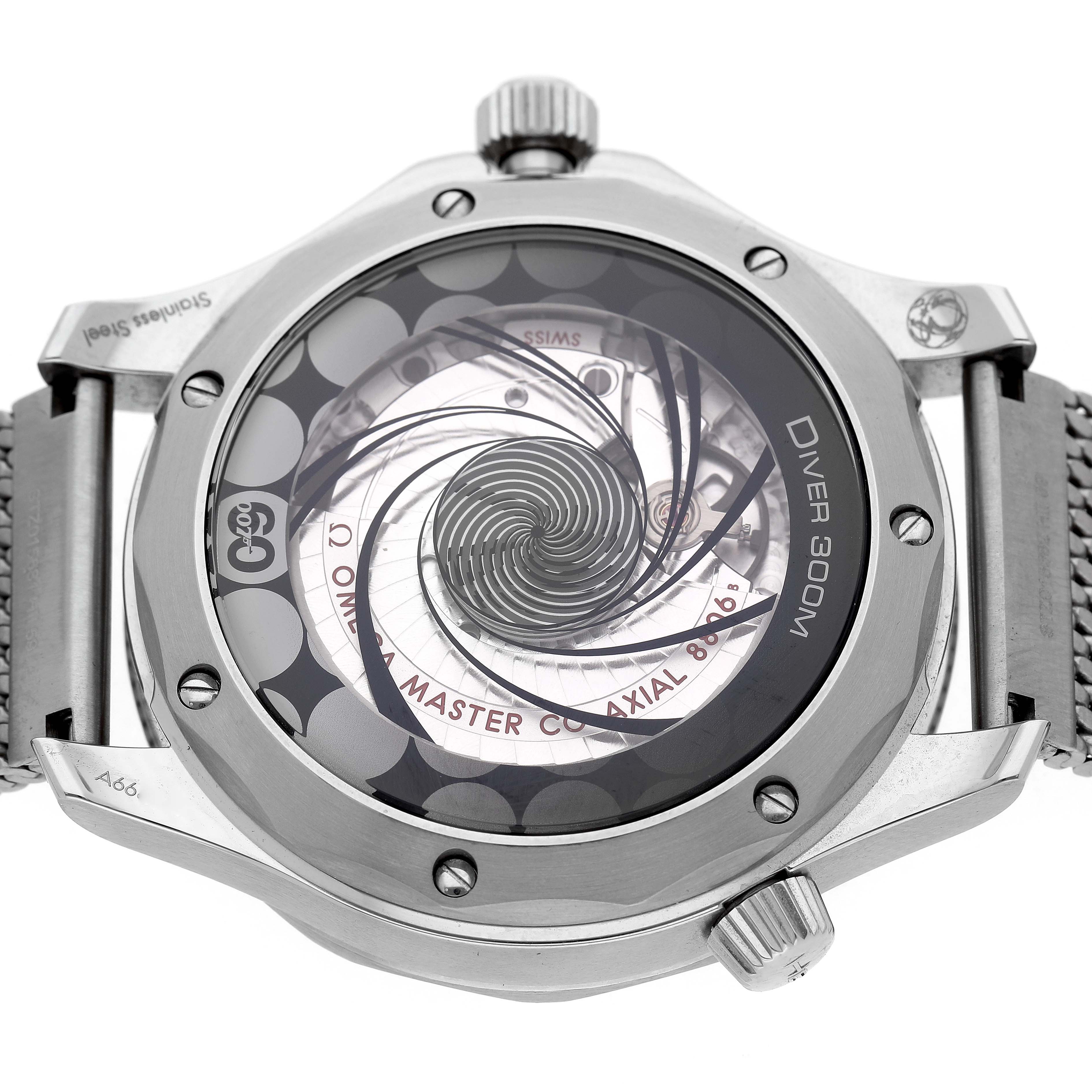 The image shows the back of an Omega Seamaster 210.30.42.20.03.002 Men's Stainless Steel Blue Dial Diver 300M, highlighting the transparent case back and internal mechanism.