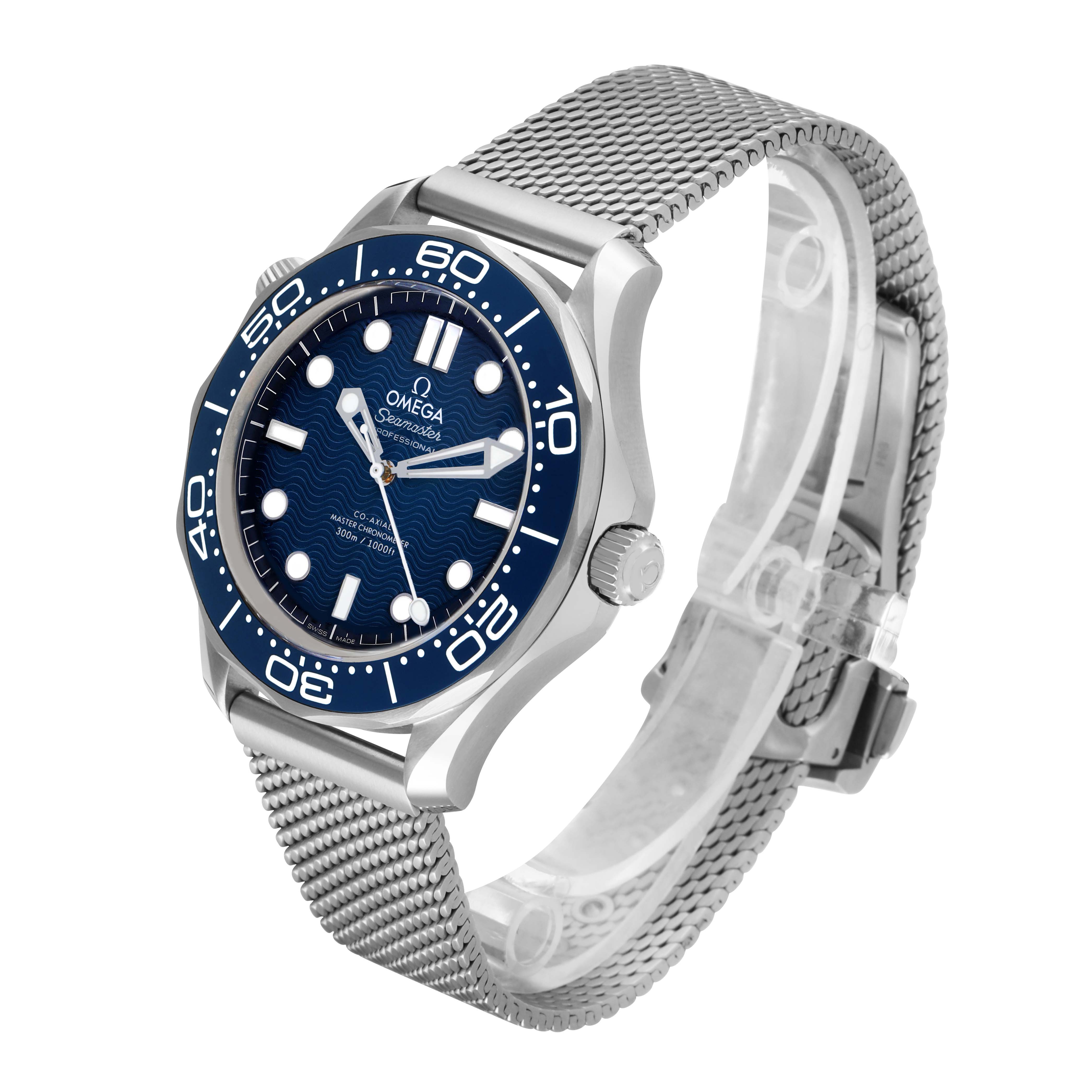 The Omega Seamaster 210.30.42.20.03.002 Men's Stainless Steel Blue Dial watch is shown at a three-quarter angle, displaying its blue dial, bezel, and mesh bracelet clearly.