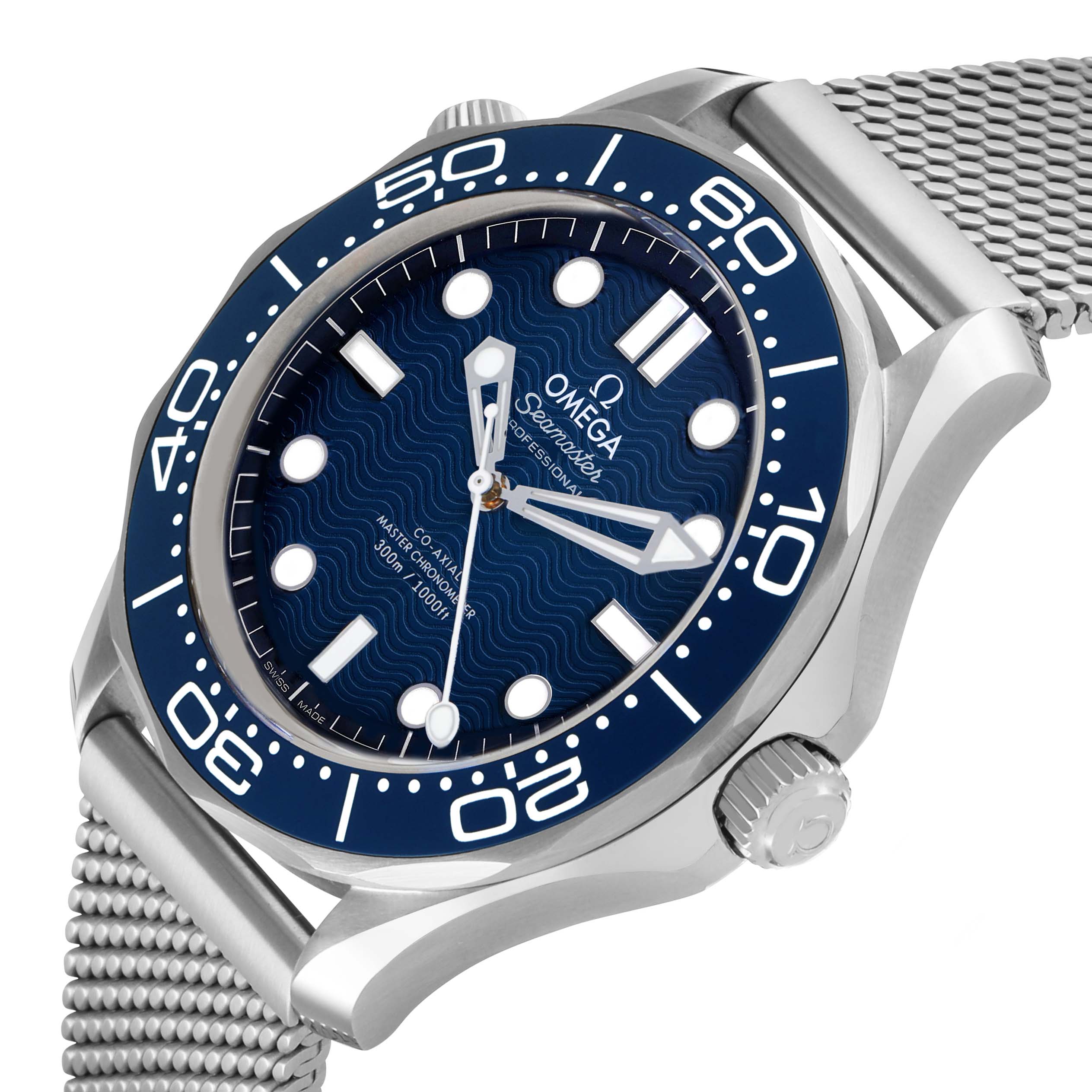 The image shows a close-up, angled view of an Omega Seamaster 210.30.42.20.03.002 Men's Stainless Steel Blue Dial watch, featuring its blue dial, bezel, crown, and mesh bracelet.