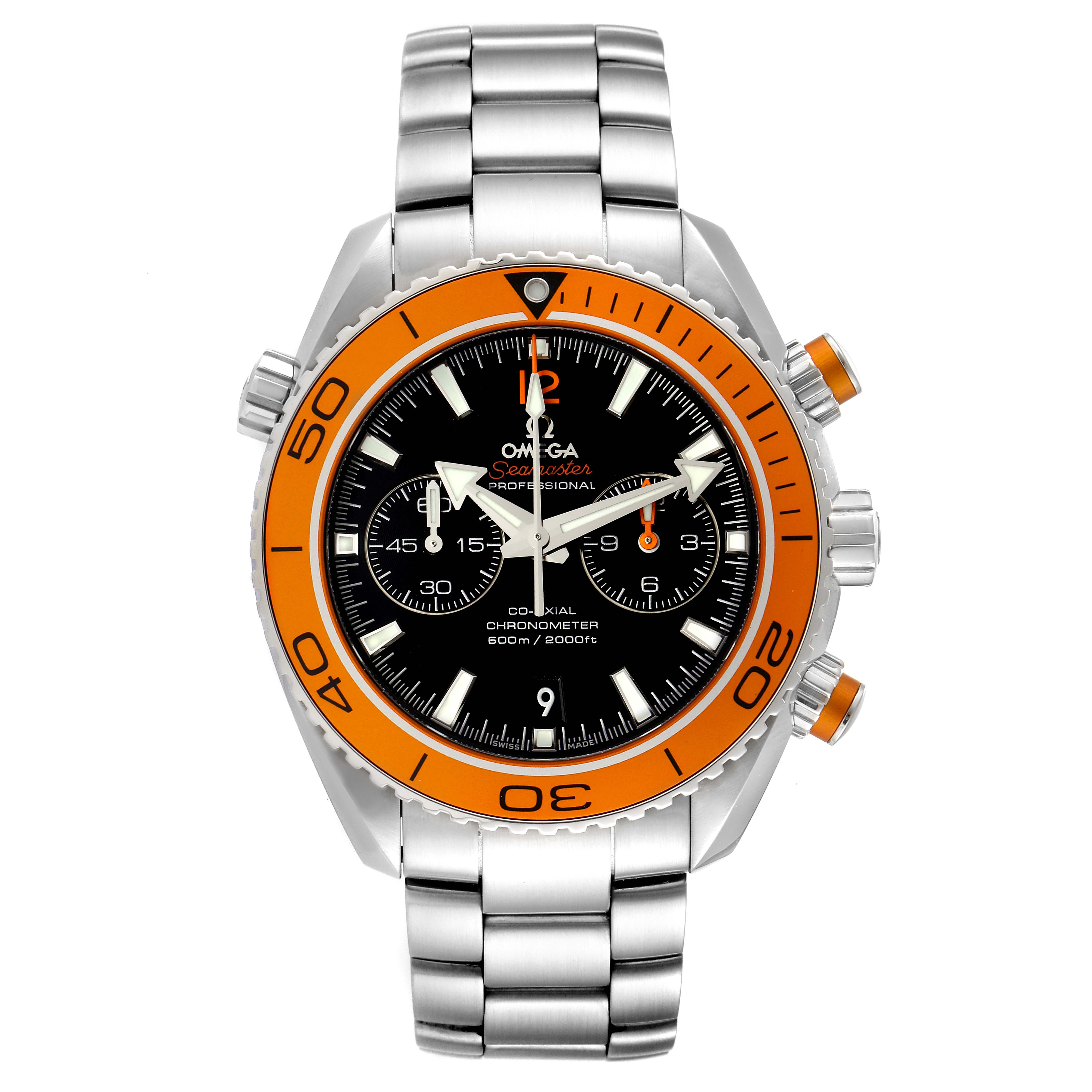 The image shows a front view of the Omega Planet Ocean 232.30.46.51.01.002 Men's Stainless Steel Black Dial 232.30.46.51.01.002 Men's Stainless Steel Black Dial watch, highlighting the dial, bezel, and bracelet.