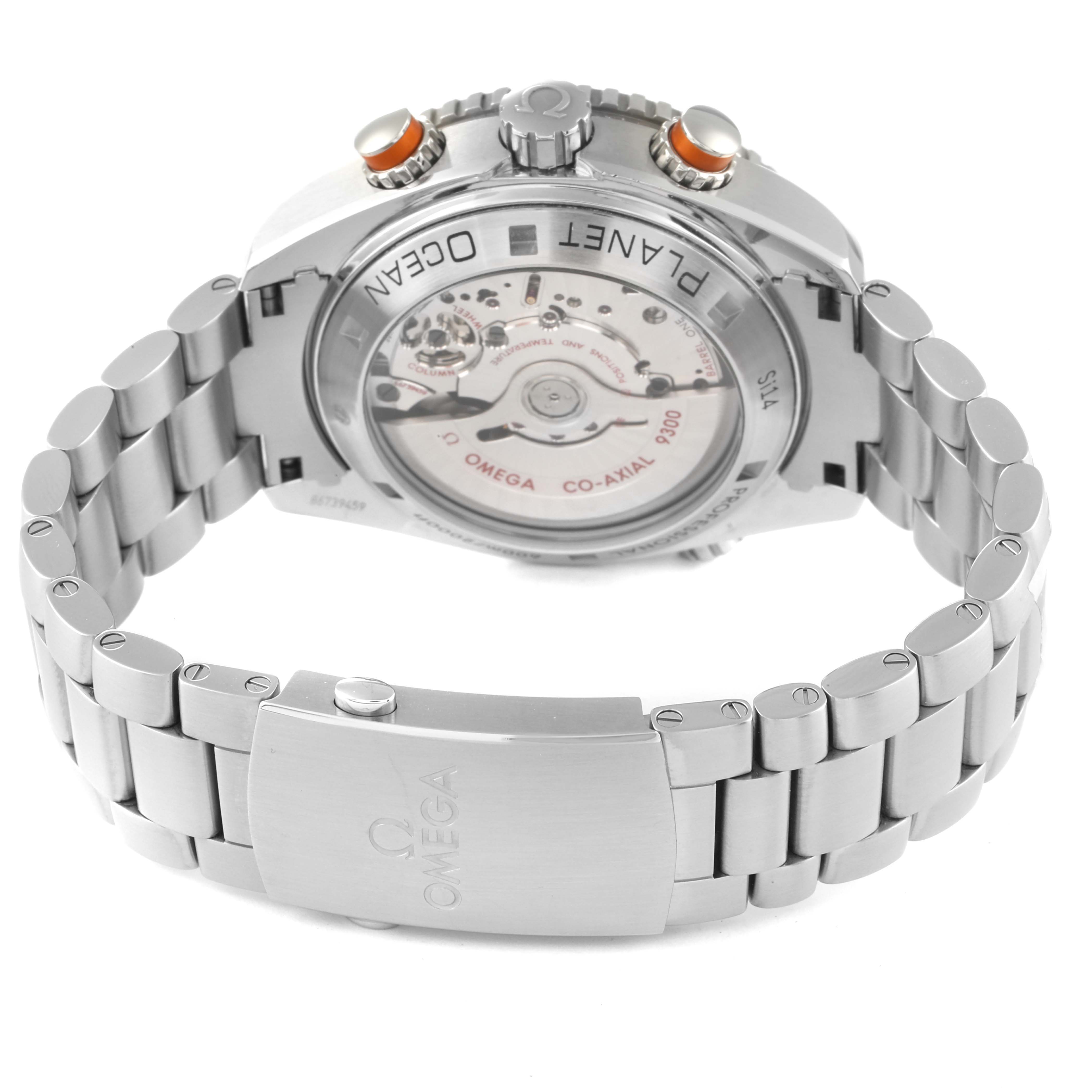 The image shows the back view of the Omega Planet Ocean 232.30.46.51.01.002 Men's Stainless Steel Black Dial 232.30.46.51.01.002 Men's Stainless Steel Black Dial watch, highlighting its open case back and metal bracelet.