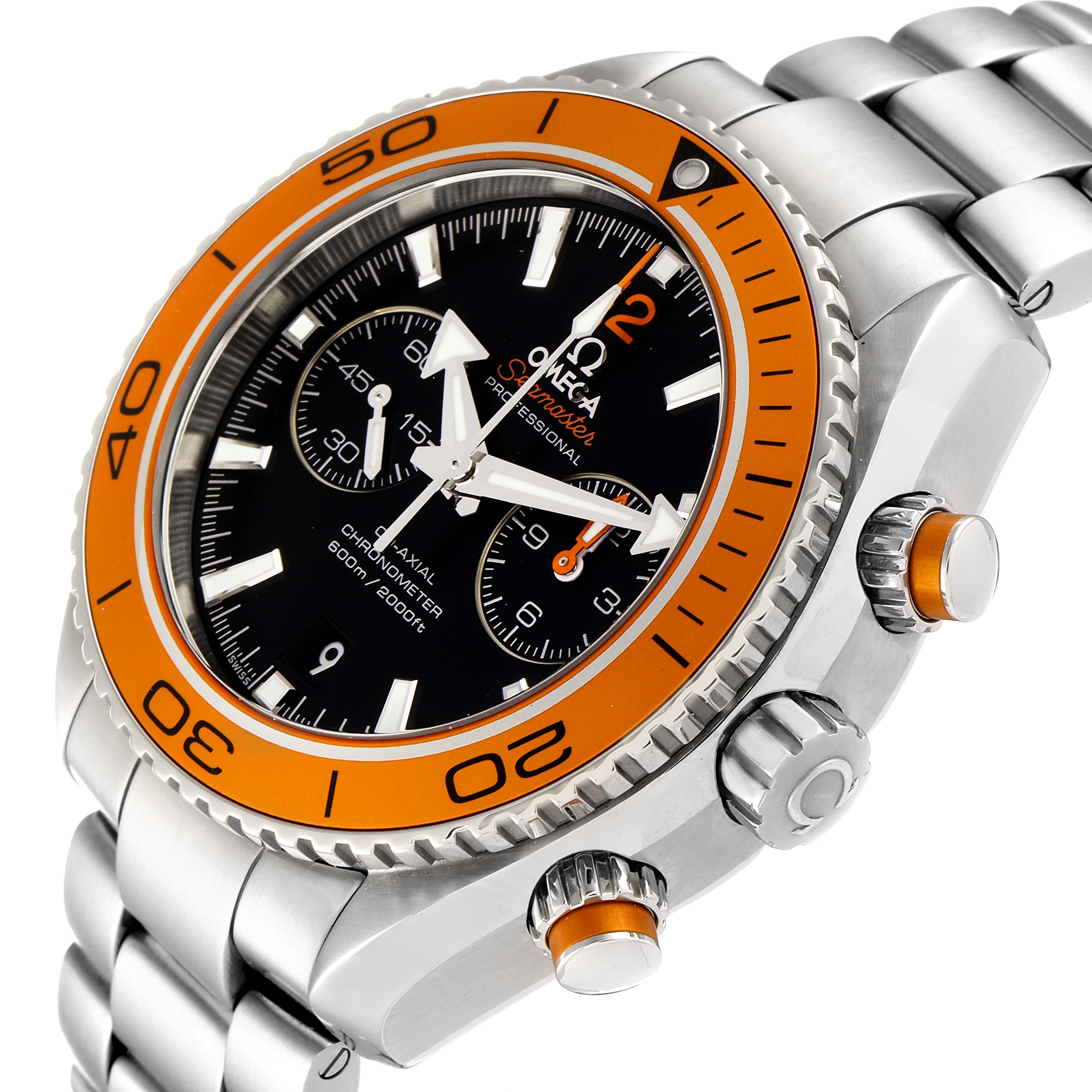 The image shows a side angle of the Omega Planet Ocean 232.30.46.51.01.002 Men's Stainless Steel Black Dial 232.30.46.51.01.002 Men's Stainless Steel Black Dial watch, highlighting the orange bezel, crown, and push buttons.