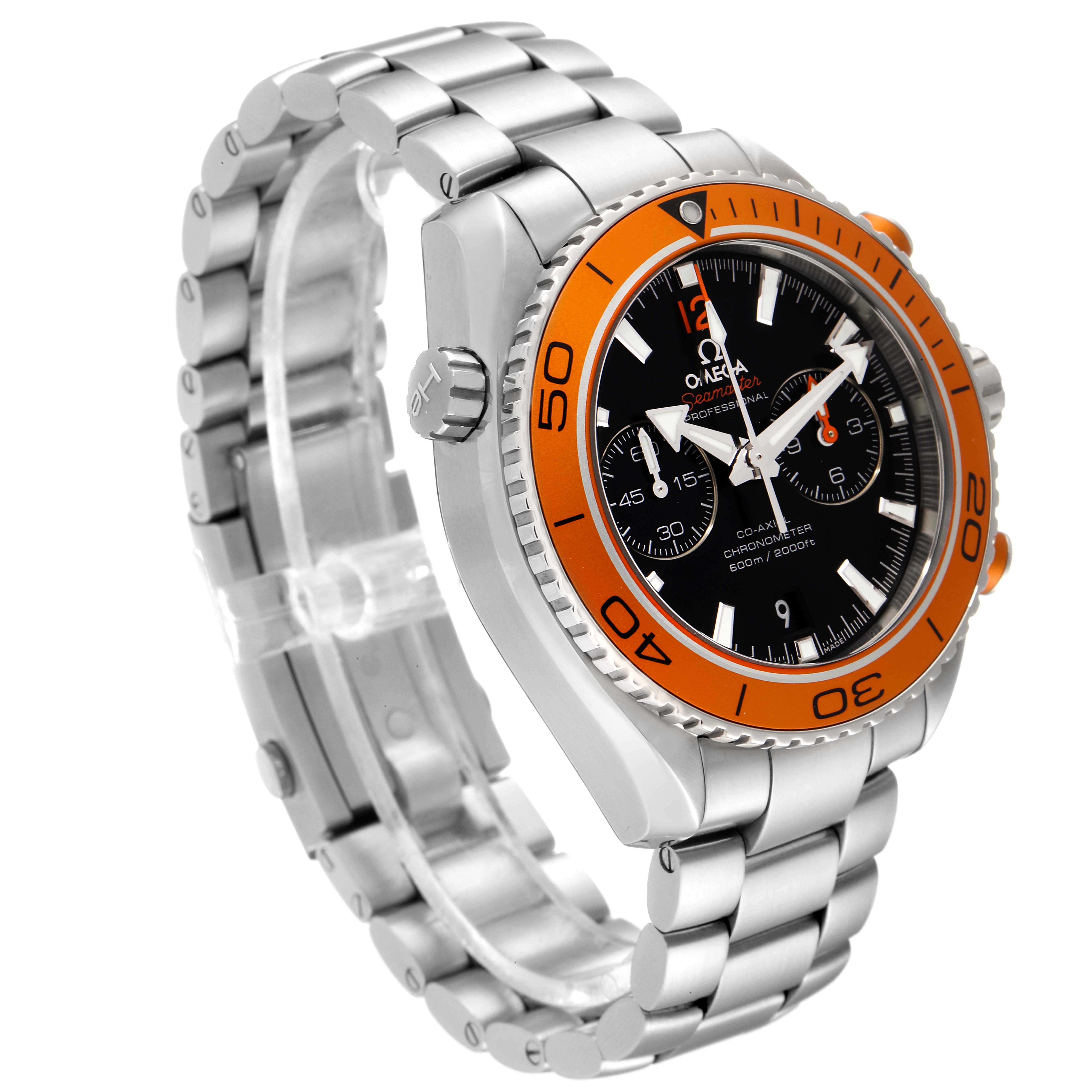 This is an angled view showing the dial, bezel, crown, and bracelet of the Omega Planet Ocean 232.30.46.51.01.002 Men's Stainless Steel Black Dial 232.30.46.51.01.002 Men's Stainless Steel Black Dial watch.