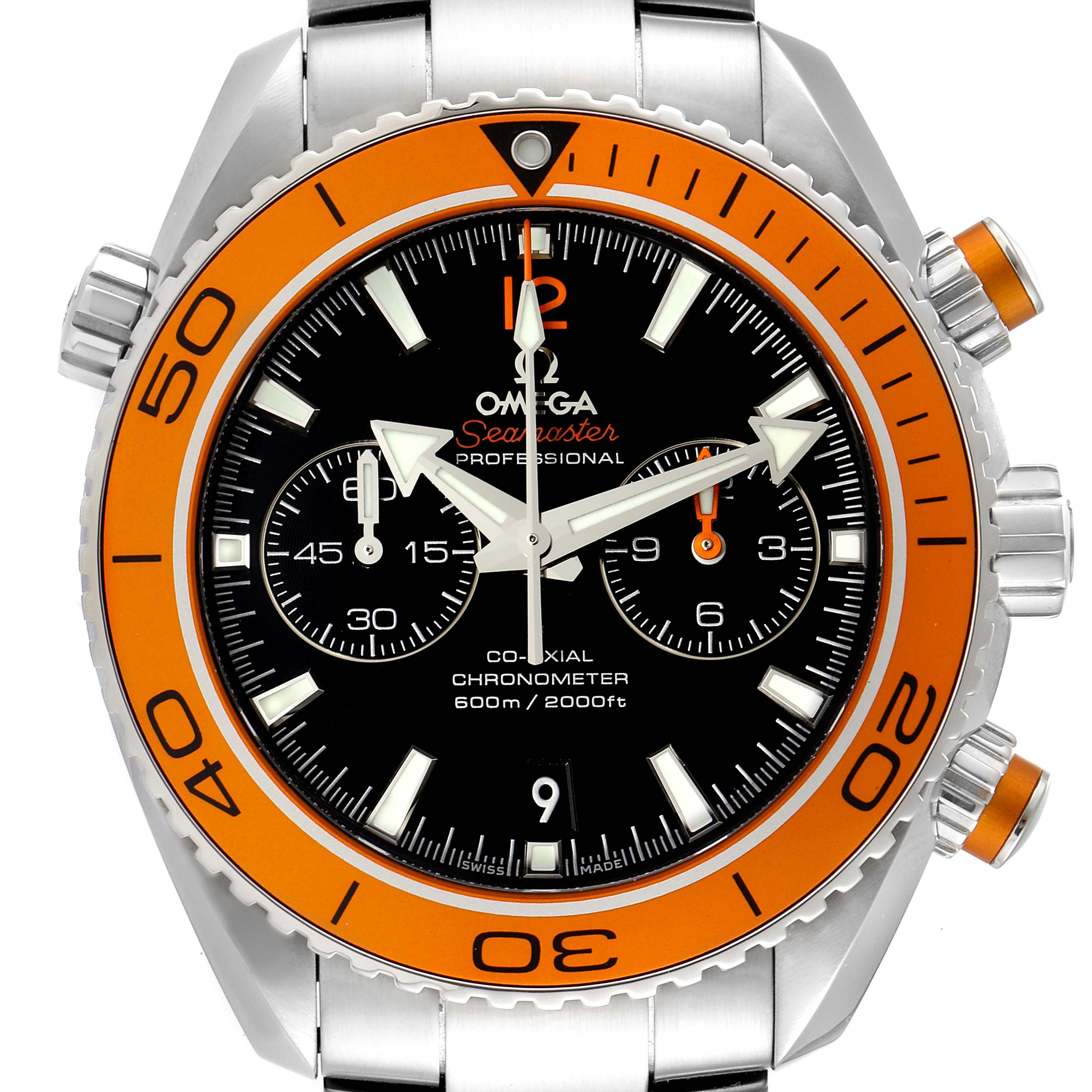 The image shows a frontal view of the Omega Planet Ocean 232.30.46.51.01.002 Men's Stainless Steel Black Dial 232.30.46.51.01.002 Men's Stainless Steel Black Dial model, displaying the bezel, dial, hands, and crown.