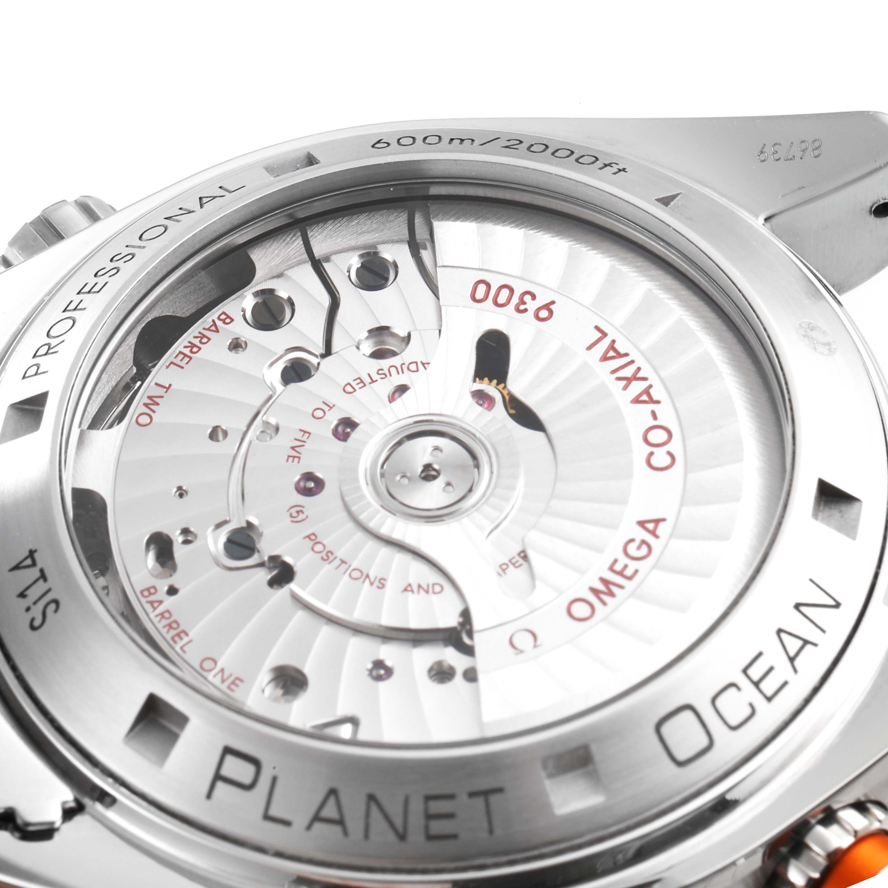 The image shows the back view of the Omega Planet Ocean 232.30.46.51.01.002 Men's Stainless Steel Black Dial 232.30.46.51.01.002 Men's Stainless Steel Black Dial watch, highlighting the internal mechanical movement.