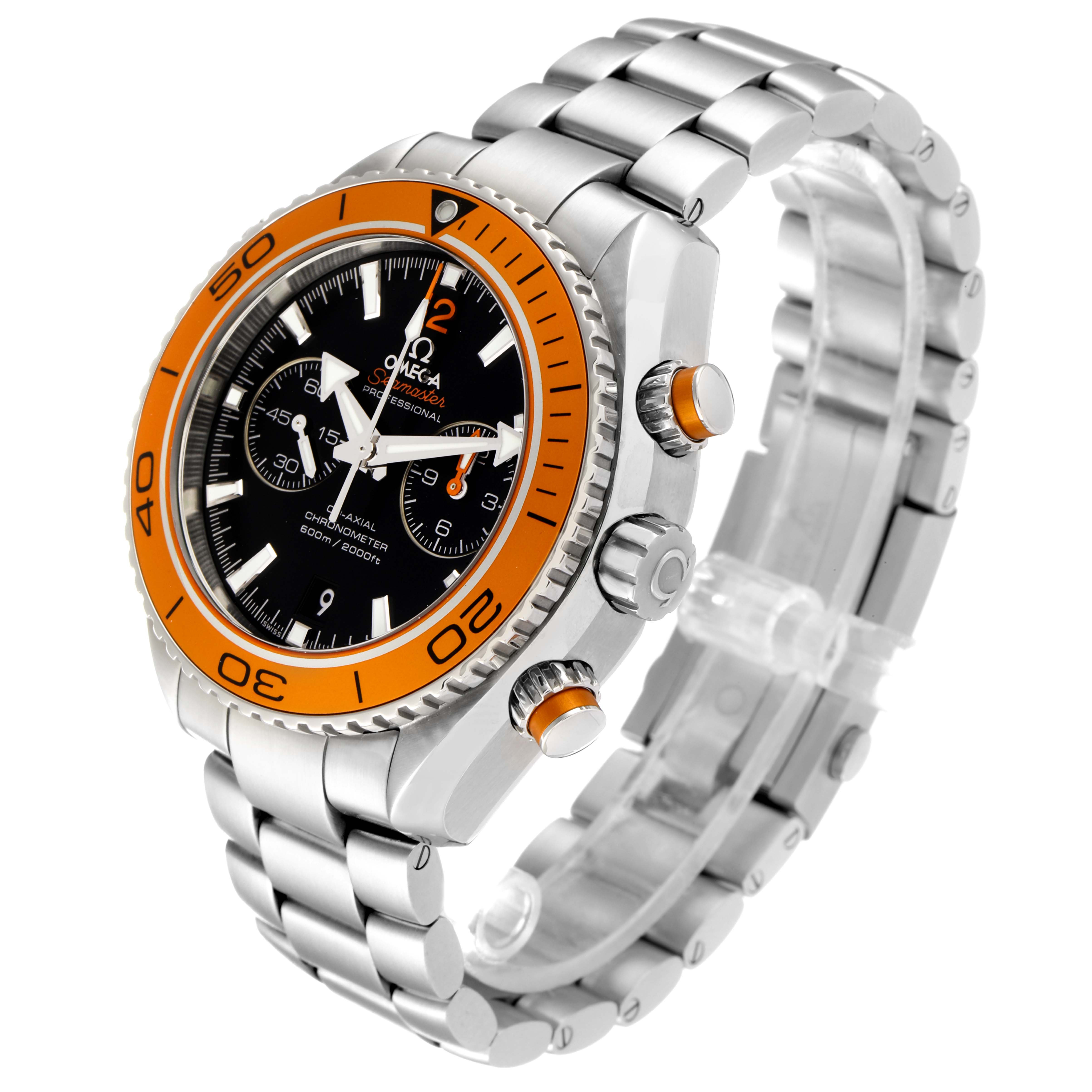 The image shows a side angle of the Omega Planet Ocean 232.30.46.51.01.002 Men's Stainless Steel Black Dial 232.30.46.51.01.002 Men's Stainless Steel Black Dial watch, highlighting its bezel, crown, and stainless steel bracelet.