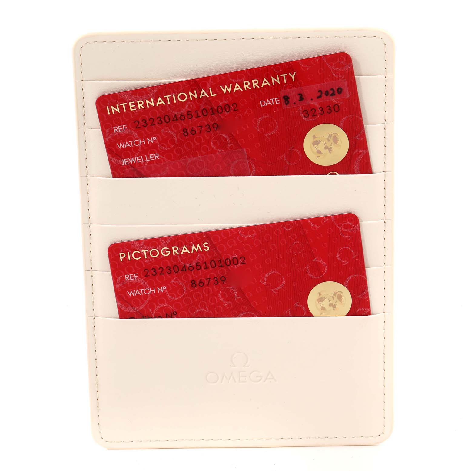 This image shows the international warranty and pictogram cards for the Omega Planet Ocean 232.30.46.51.01.002 Men's Stainless Steel Black Dial 232.30.46.51.01.002 Men's Stainless Steel Black Dial watch inside a cardholder.