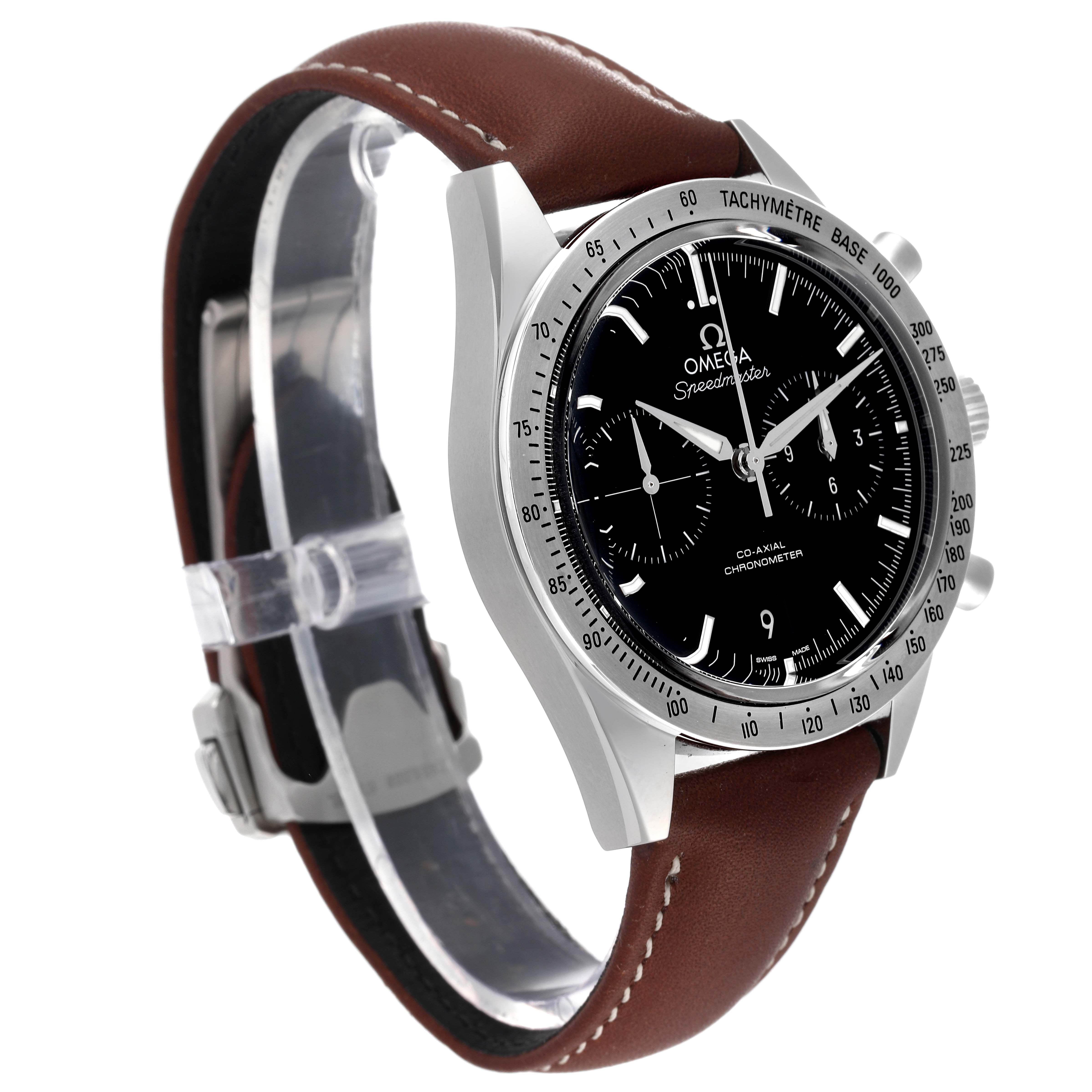The Omega Speedmaster 331.12.42.51.01.001 Men's Stainless Steel Black Dial 331.12.42.51.01.001 Men's Stainless Steel Black Dial watch is shown at an angle, highlighting its brown leather strap and black dial with chronograph functions.