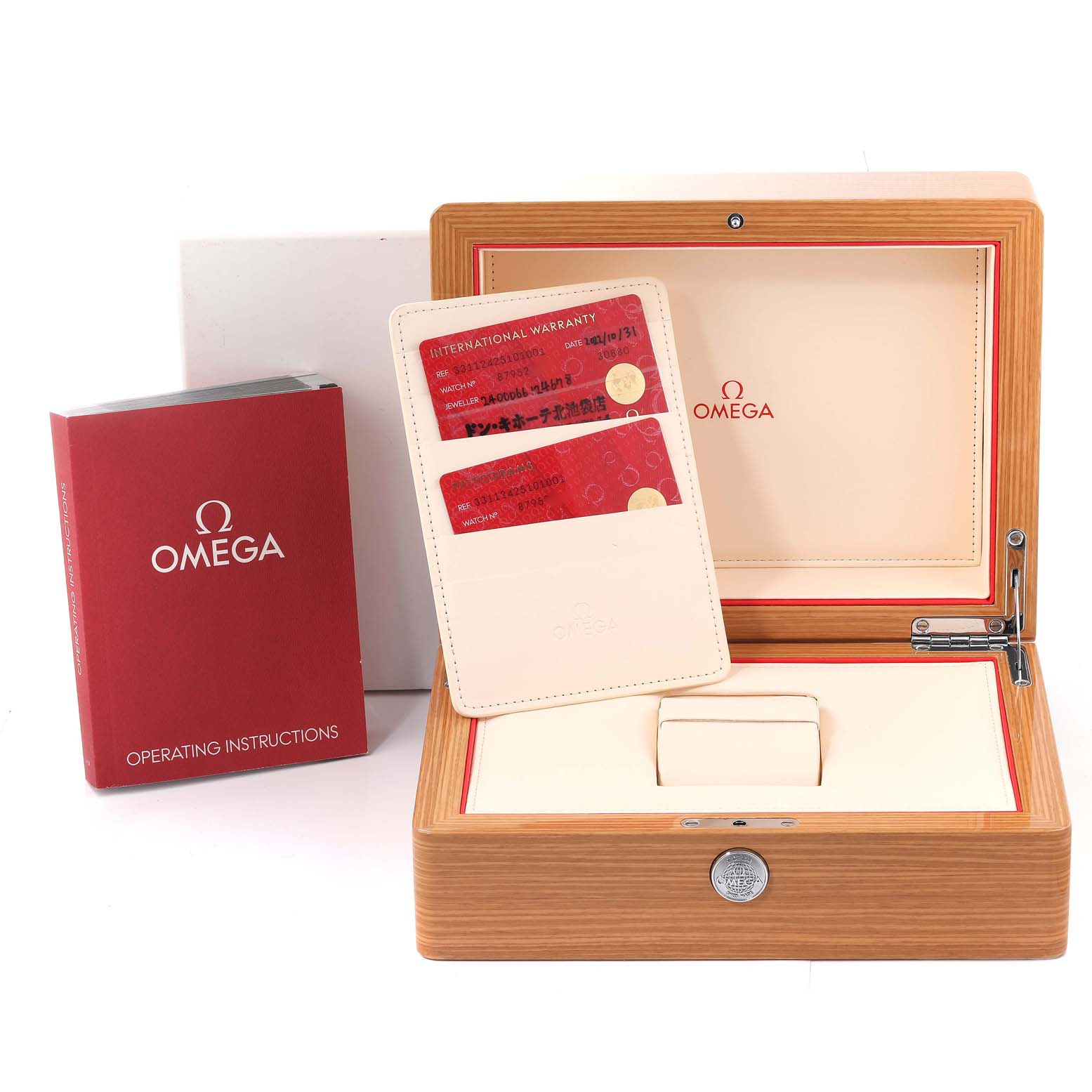 The image shows an Omega Speedmaster 331.12.42.51.01.001 Men's Stainless Steel Black Dial 331.12.42.51.01.001 Men's Stainless Steel Black Dial watch box, with warranty cards and an operating instructions booklet.