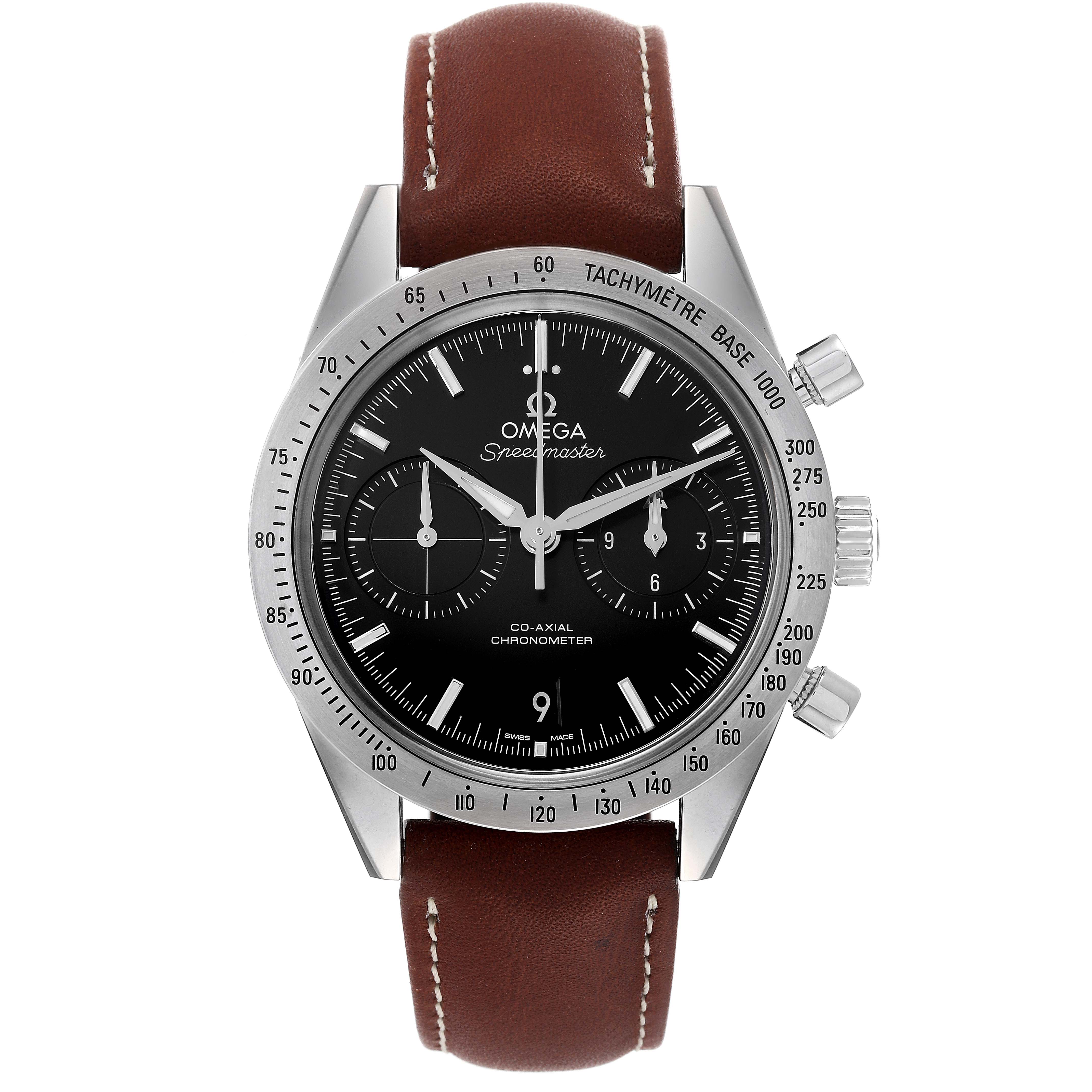 The Omega Speedmaster 331.12.42.51.01.001 Men's Stainless Steel Black Dial 331.12.42.51.01.001 Men's Stainless Steel Black Dial watch is shown from the front, displaying the face, bezel, and brown leather strap.