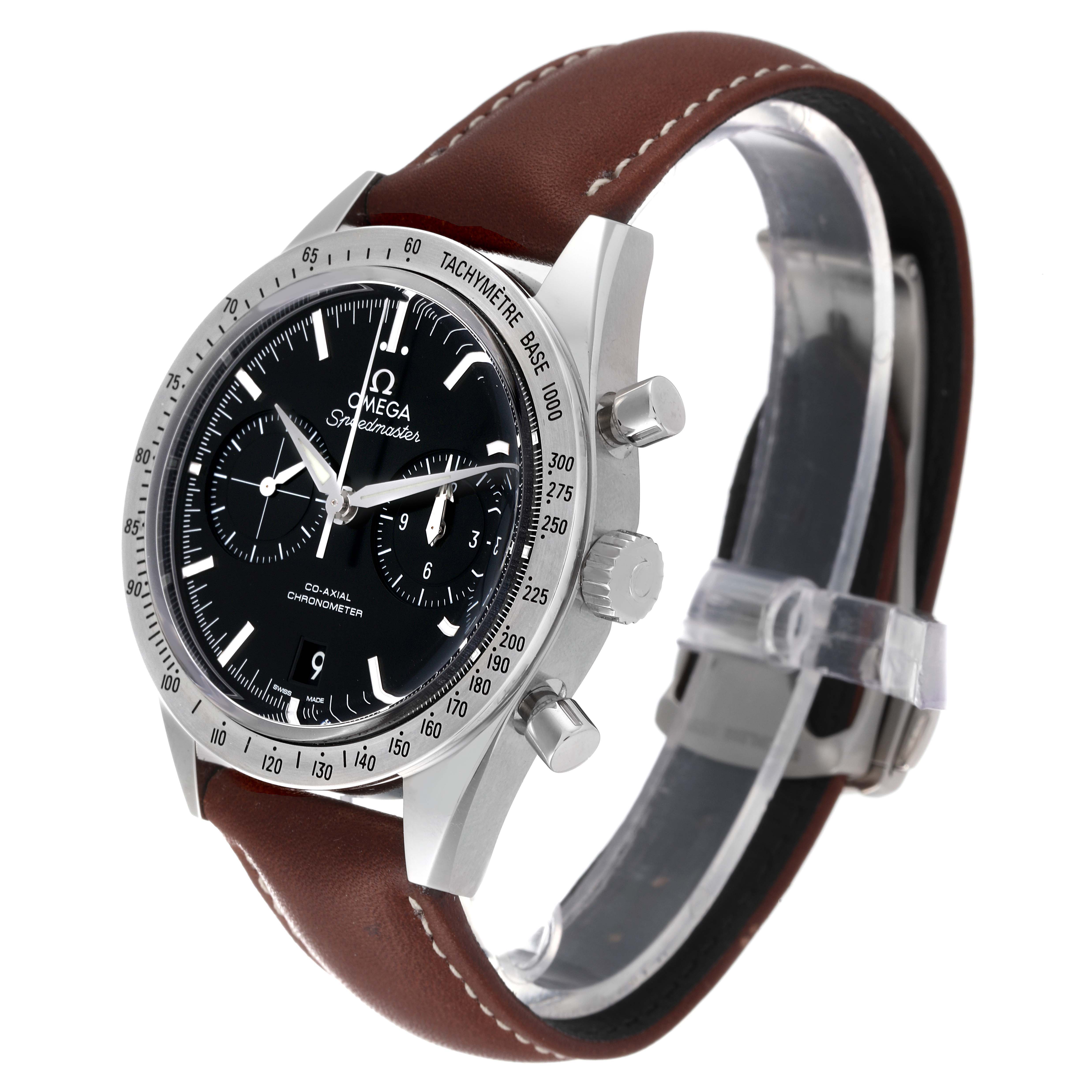 The image shows an Omega Speedmaster 331.12.42.51.01.001 Men's Stainless Steel Black Dial 331.12.42.51.01.001 Men's Stainless Steel Black Dial watch at an oblique angle, highlighting the dial, bezel, crown, pushers, and leather strap.