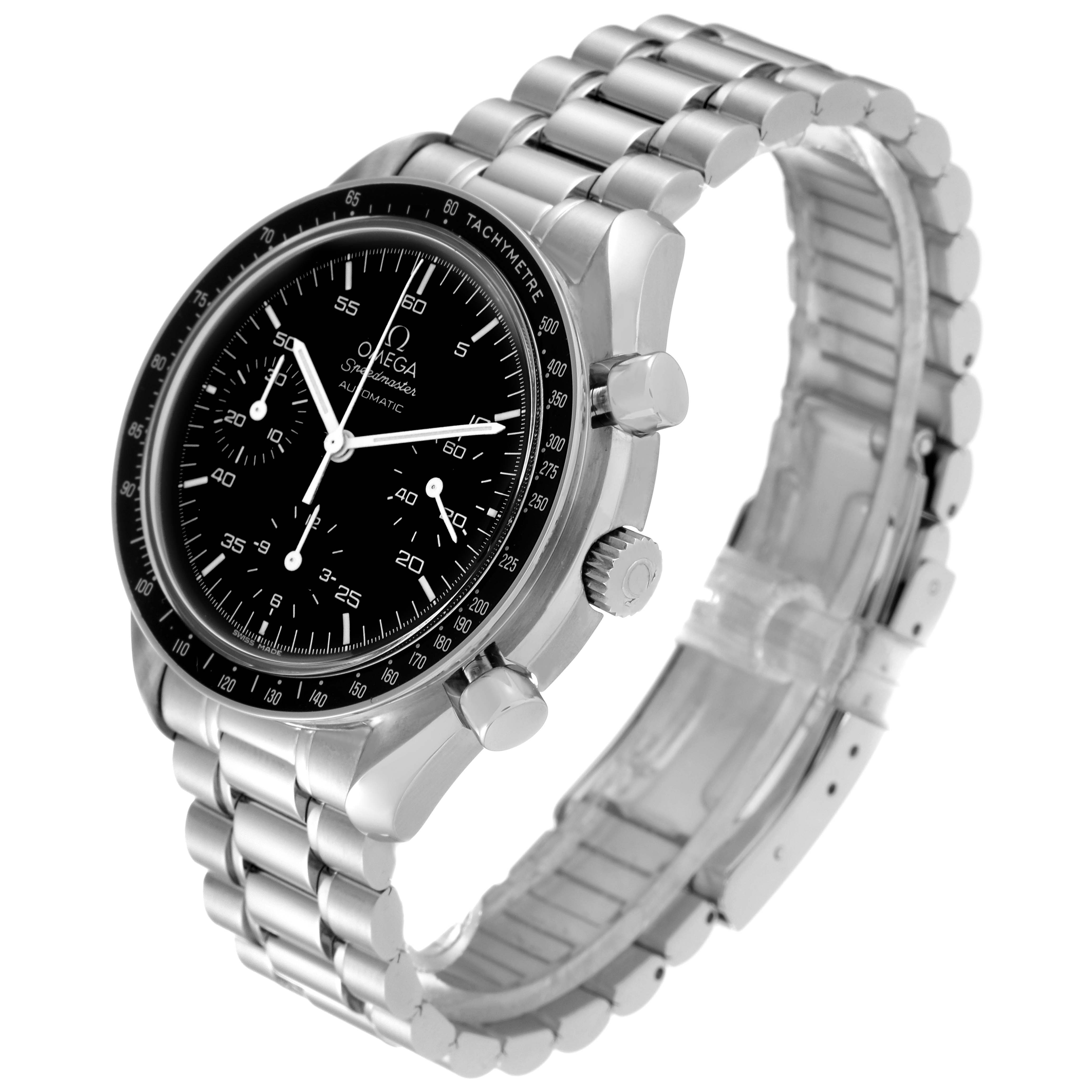 The image shows an angled view of an Omega Speedmaster 3510.50.00 Men
s Stainless Steel Black Dial 3510.50.00 Men
s Stainless Steel Black Dial watch, highlighting its black dial, tachymeter bezel, crown, pushers, and stainless steel bracelet.