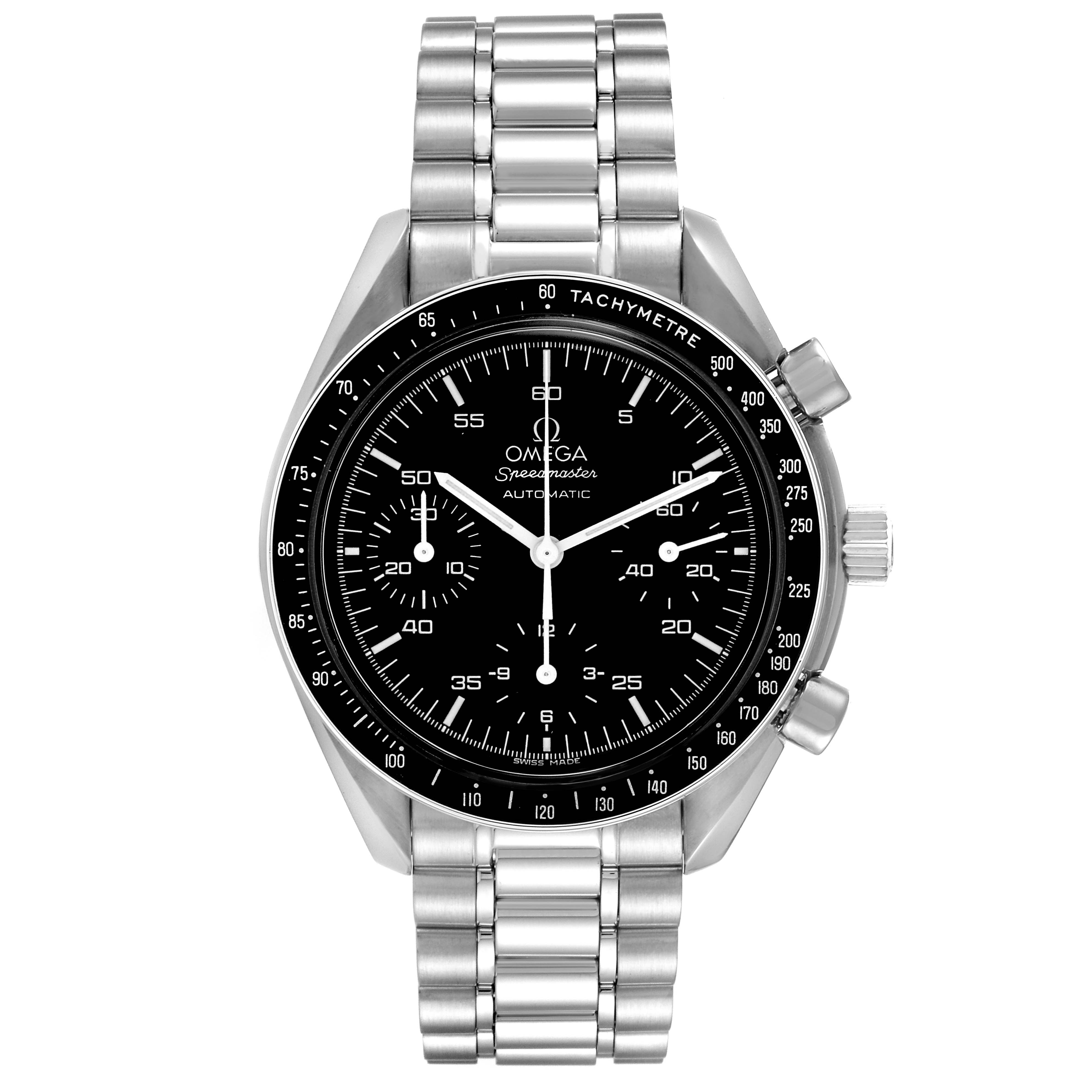 The image shows a front view of the Omega Speedmaster 3510.50.00 Men
s Stainless Steel Black Dial 3510.50.00 Men
s Stainless Steel Black Dial watch, featuring the dial, bezel, and metal bracelet.