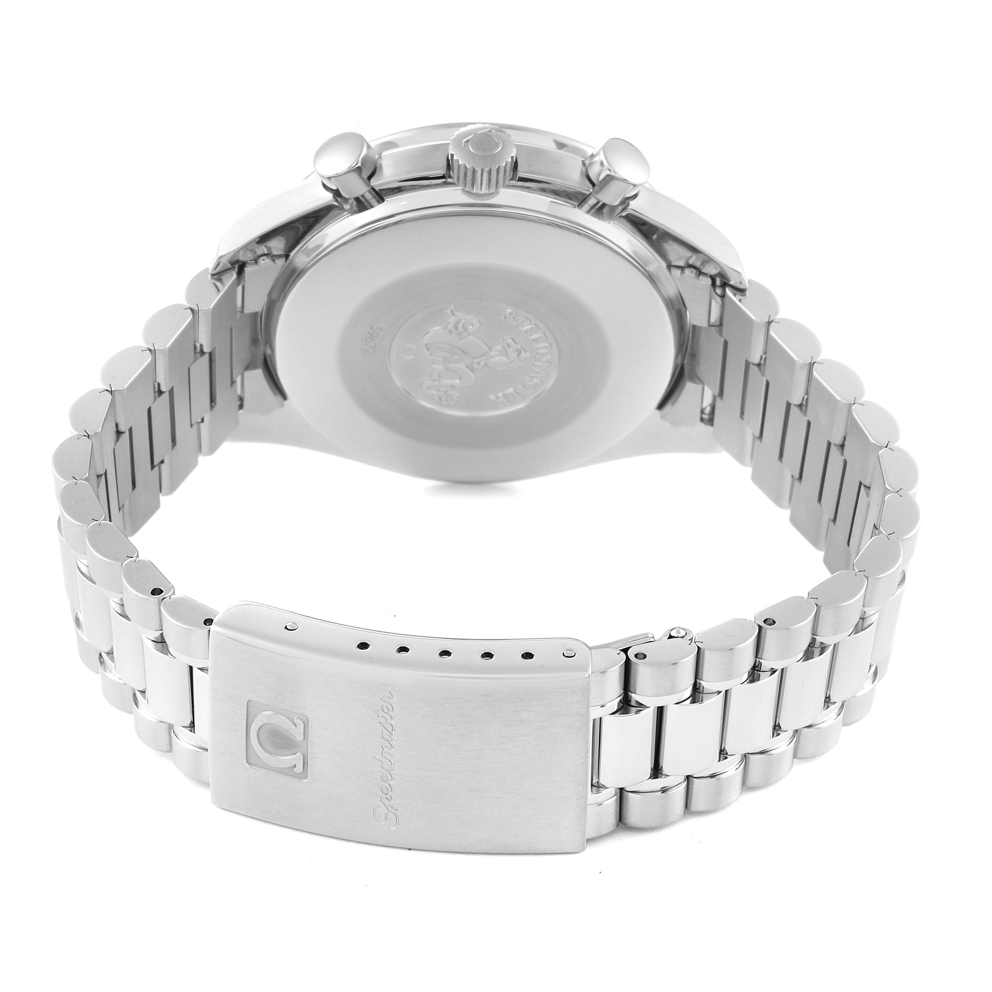 The image shows the back view and clasp of an Omega Speedmaster 3510.50.00 Men
s Stainless Steel Black Dial 3510.50.00 Men
s Stainless Steel Black Dial watch with a metallic bracelet.