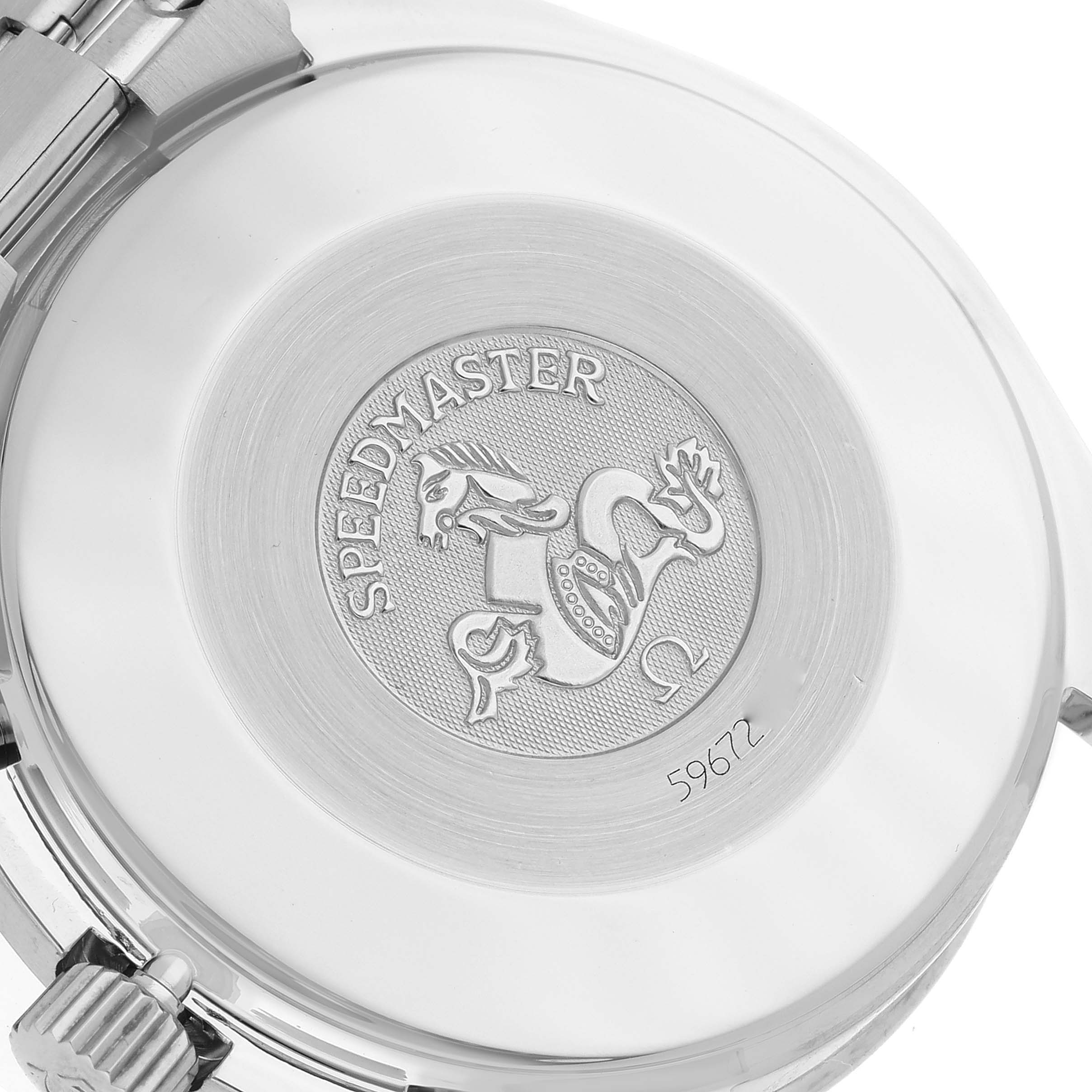 This image shows the back case of an Omega Speedmaster 3510.50.00 Men
s Stainless Steel Black Dial 3510.50.00 Men
s Stainless Steel Black Dial watch with the engraved logo and text.