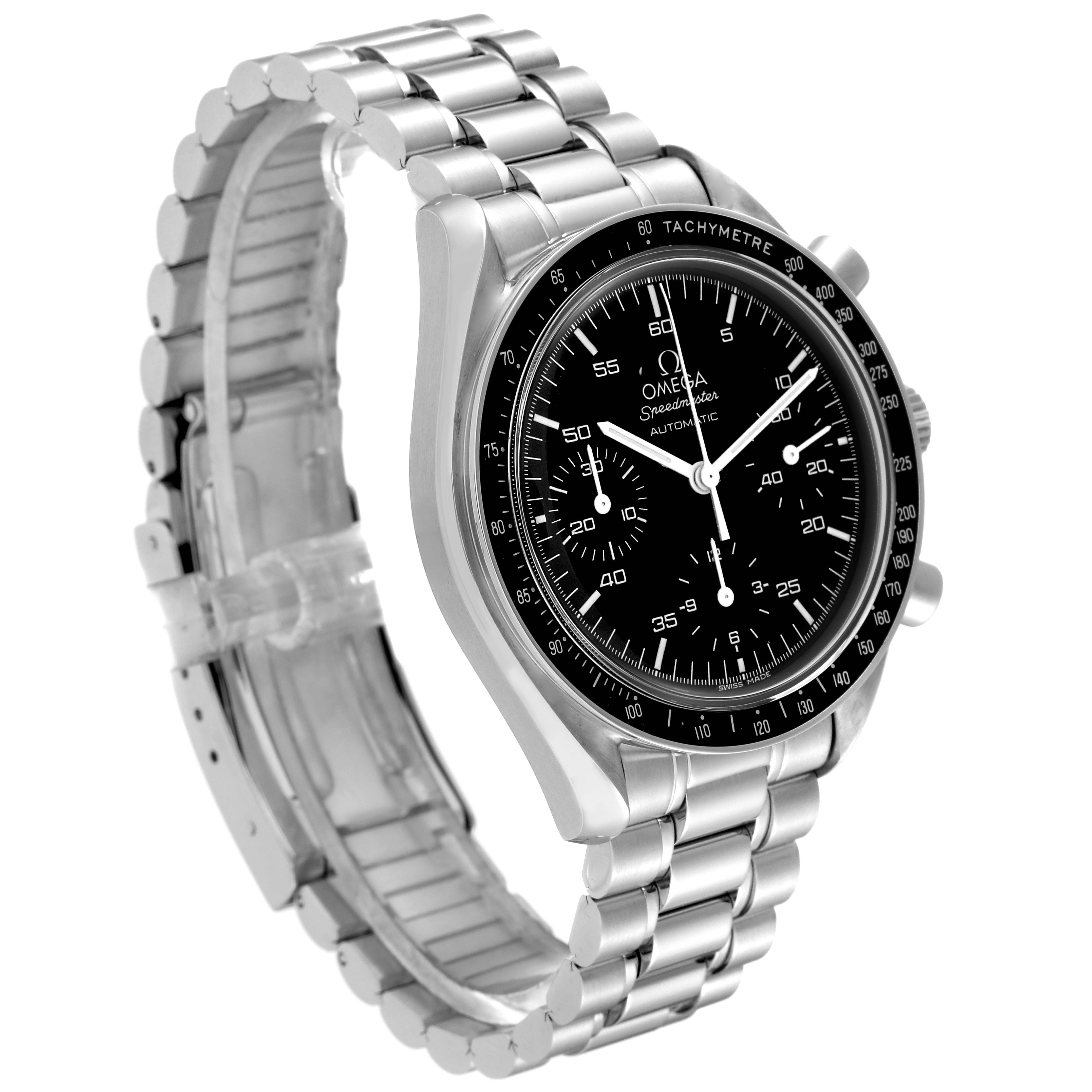 The Omega Speedmaster 3510.50.00 Men
s Stainless Steel Black Dial 3510.50.00 Men
s Stainless Steel Black Dial watch is shown at an angled view, displaying its black dial, tachymeter bezel, and stainless steel bracelet.