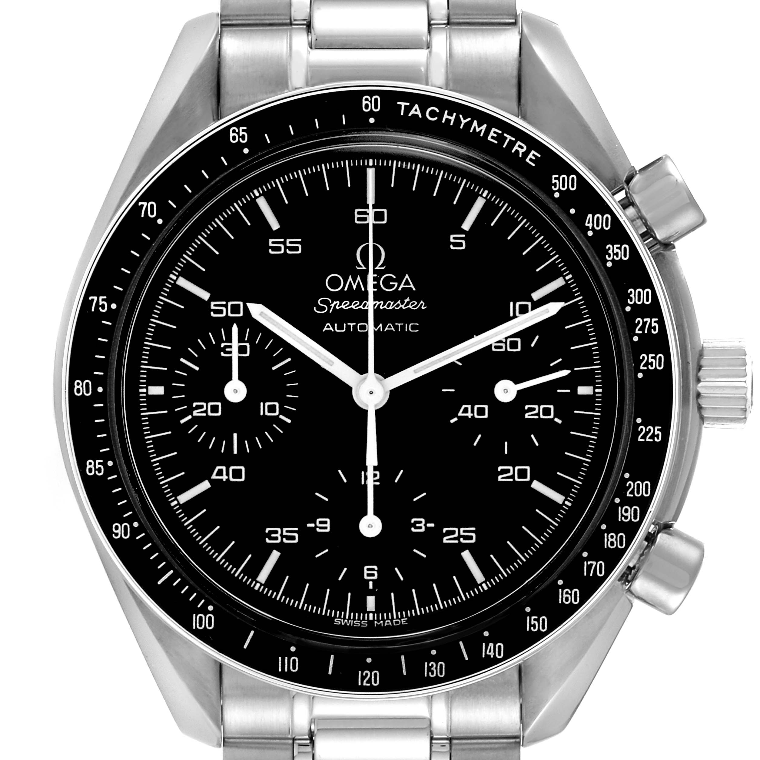 This image shows a front view of the Omega Speedmaster 3510.50.00 Men
s Stainless Steel Black Dial 3510.50.00 Men
s Stainless Steel Black Dial watch, displaying its dial, hands, tachymeter, and part of the bracelet.