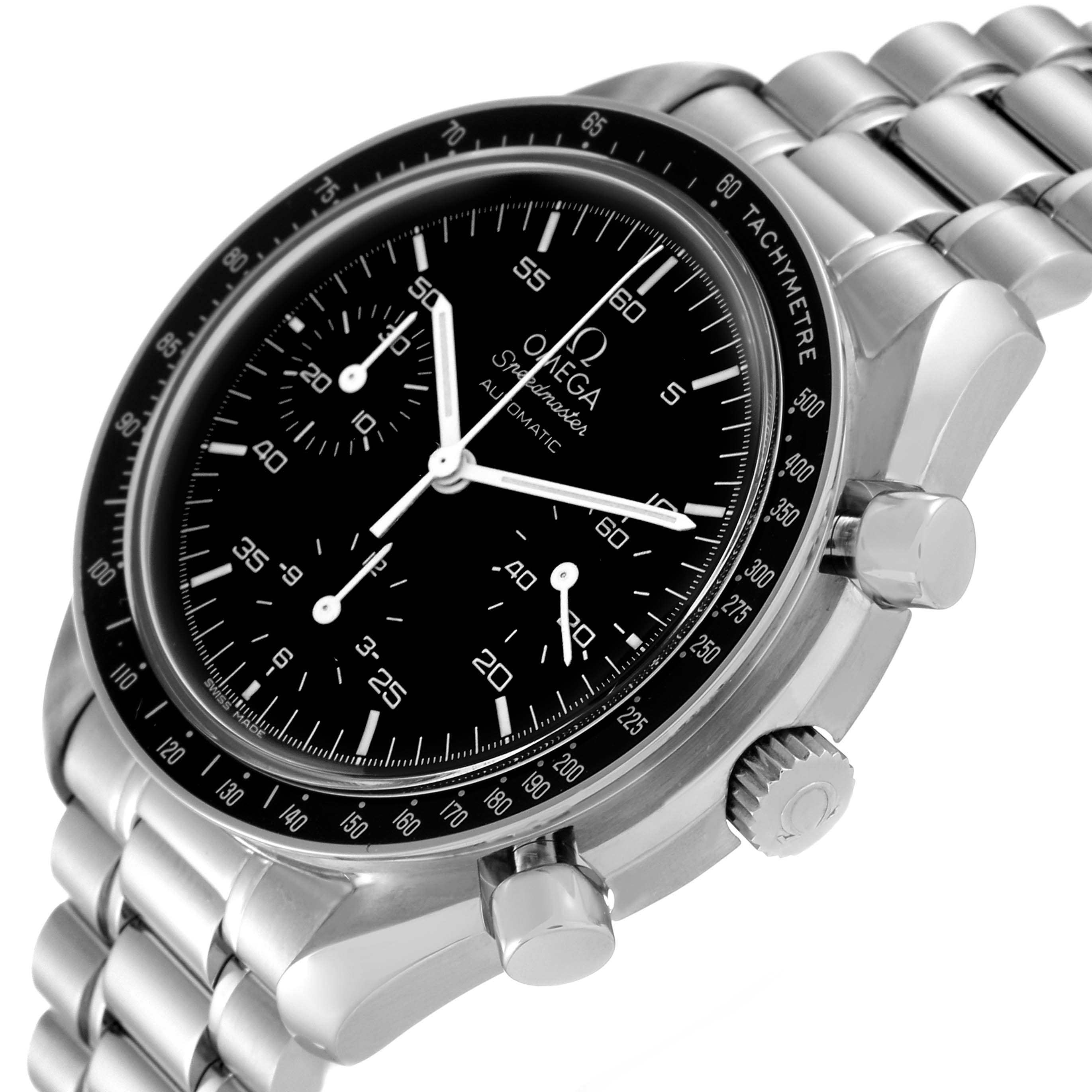 This image shows an Omega Speedmaster 3510.50.00 Men
s Stainless Steel Black Dial 3510.50.00 Men
s Stainless Steel Black Dial watch from a three-quarter angle, highlighting the black dial, tachymeter bezel, and metal bracelet.