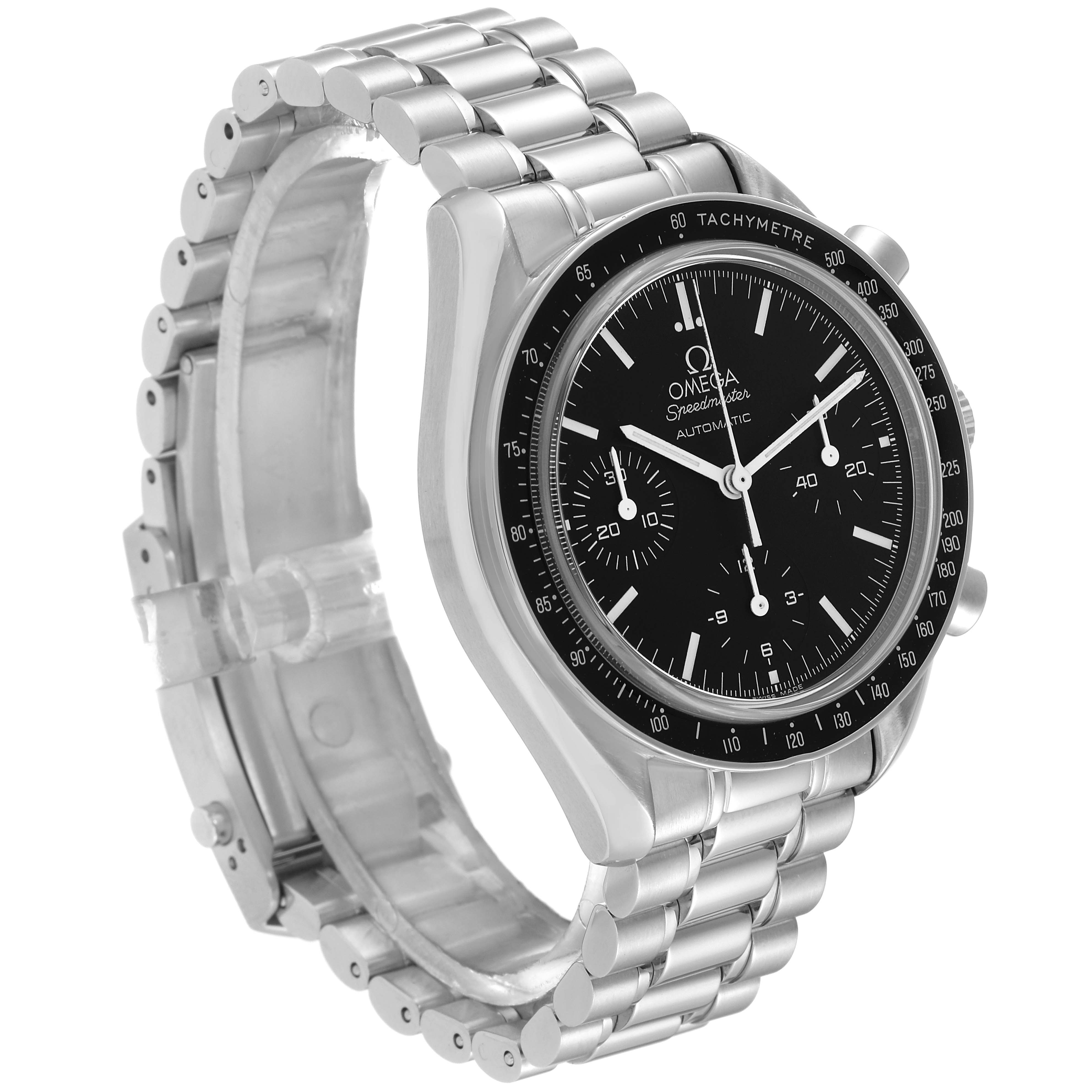 The Omega Speedmaster 3539.50.00 Men
s Stainless Steel Black Dial 3539.50.00 Men
s Stainless Steel Black Dial watch is shown at an angled side view, displaying the face, bezel, and bracelet.