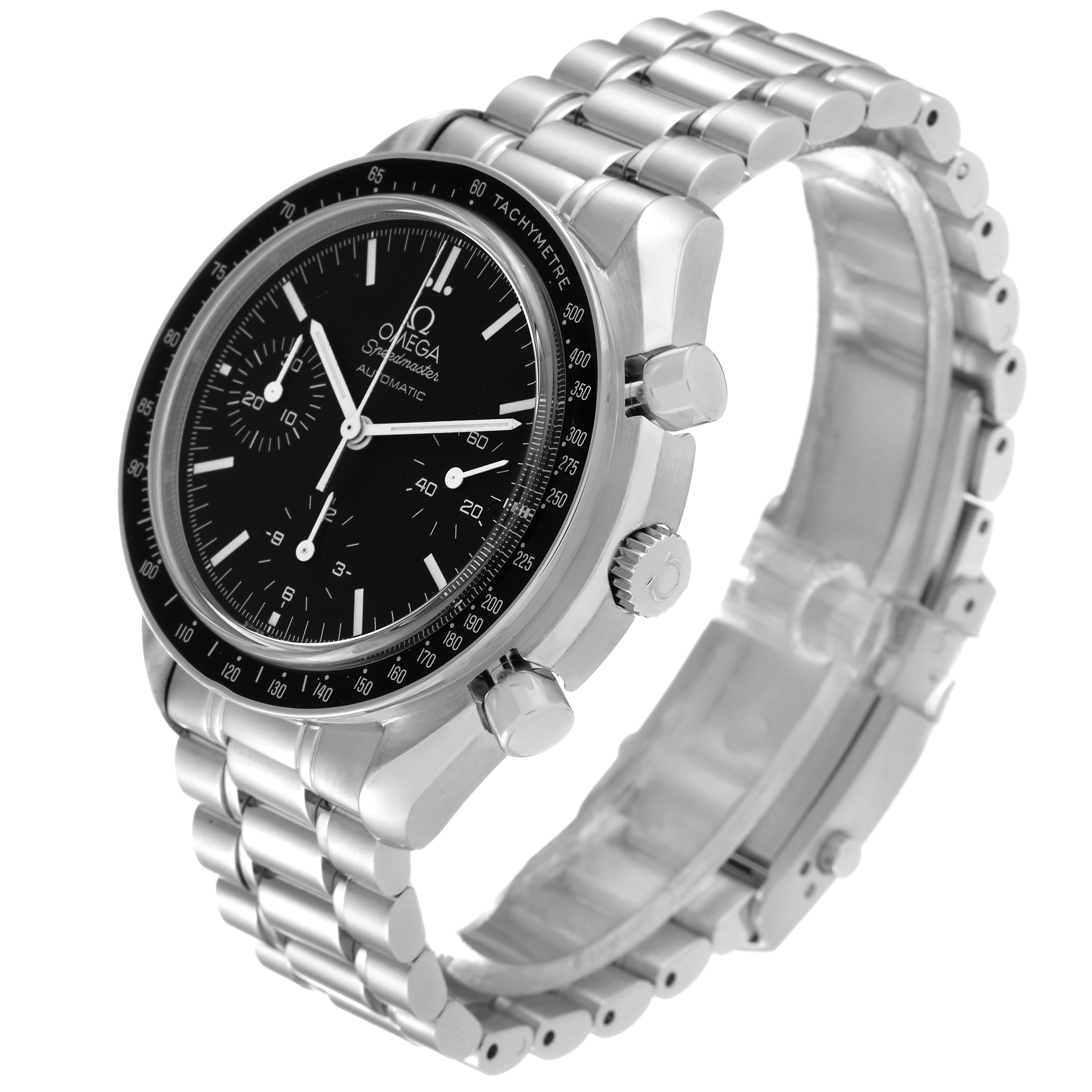 This image shows a side and front angle view of the Omega Speedmaster 3539.50.00 Men
s Stainless Steel Black Dial 3539.50.00 Men
s Stainless Steel Black Dial watch, highlighting its bracelet, bezel, and dial.