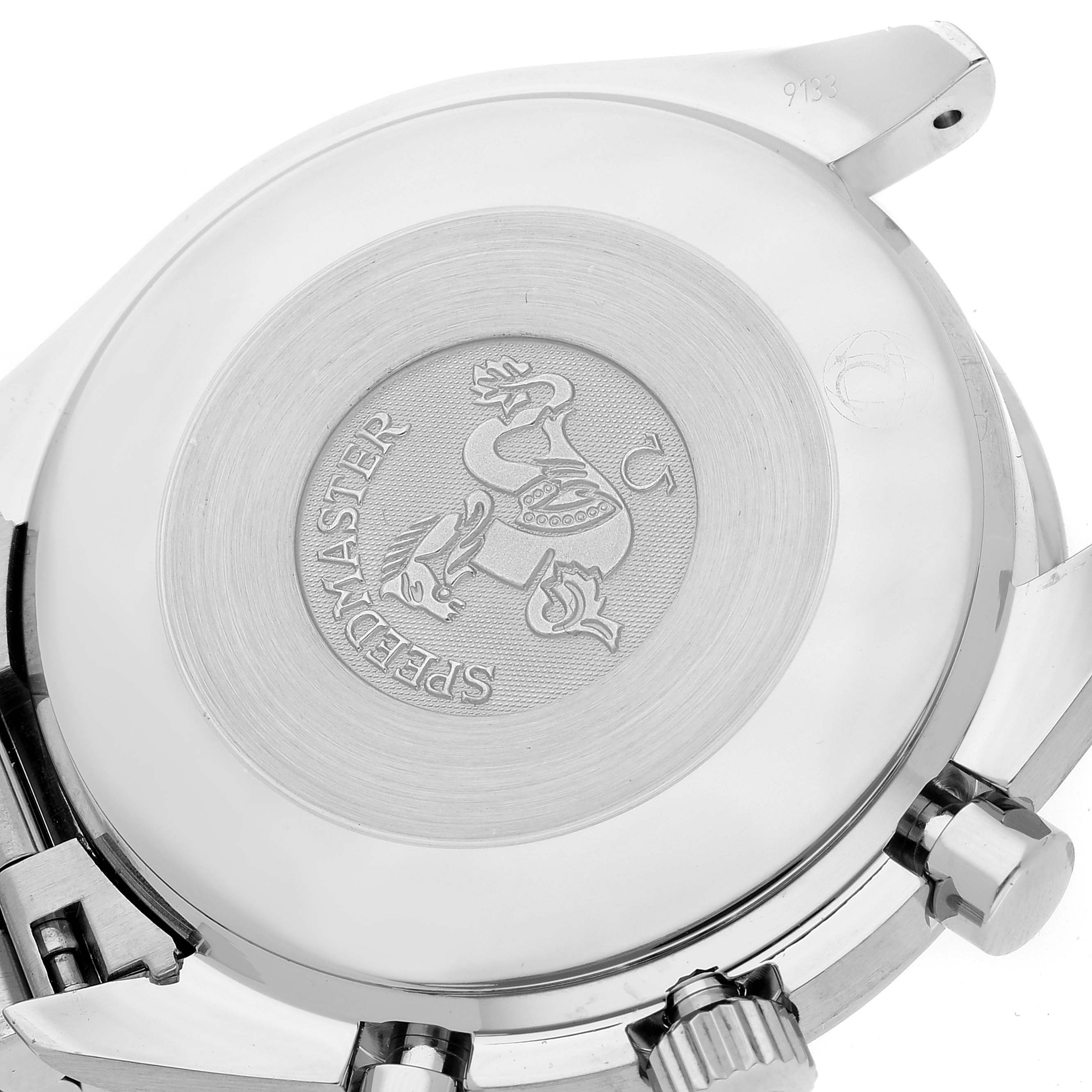 The image shows the back case of an Omega Speedmaster 3539.50.00 Men
s Stainless Steel Black Dial 3539.50.00 Men
s Stainless Steel Black Dial watch, highlighting the engraved logo and text.