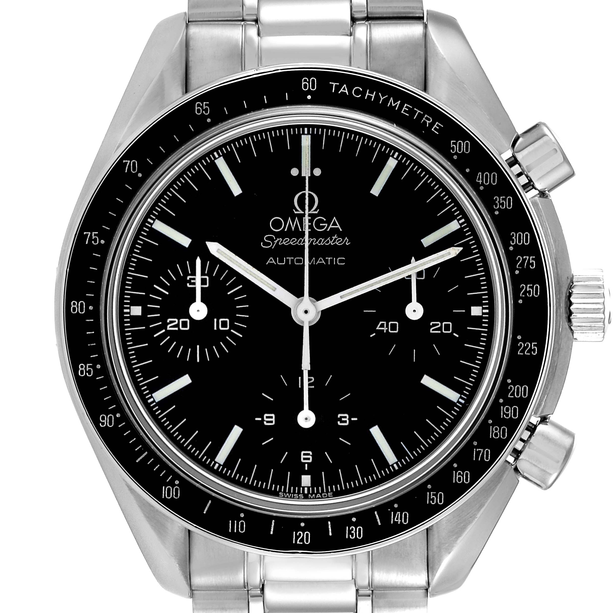 The image shows a frontal view of an Omega Speedmaster 3539.50.00 Men
s Stainless Steel Black Dial 3539.50.00 Men
s Stainless Steel Black Dial watch, highlighting the dial, tachymetre, and chronograph pushers.