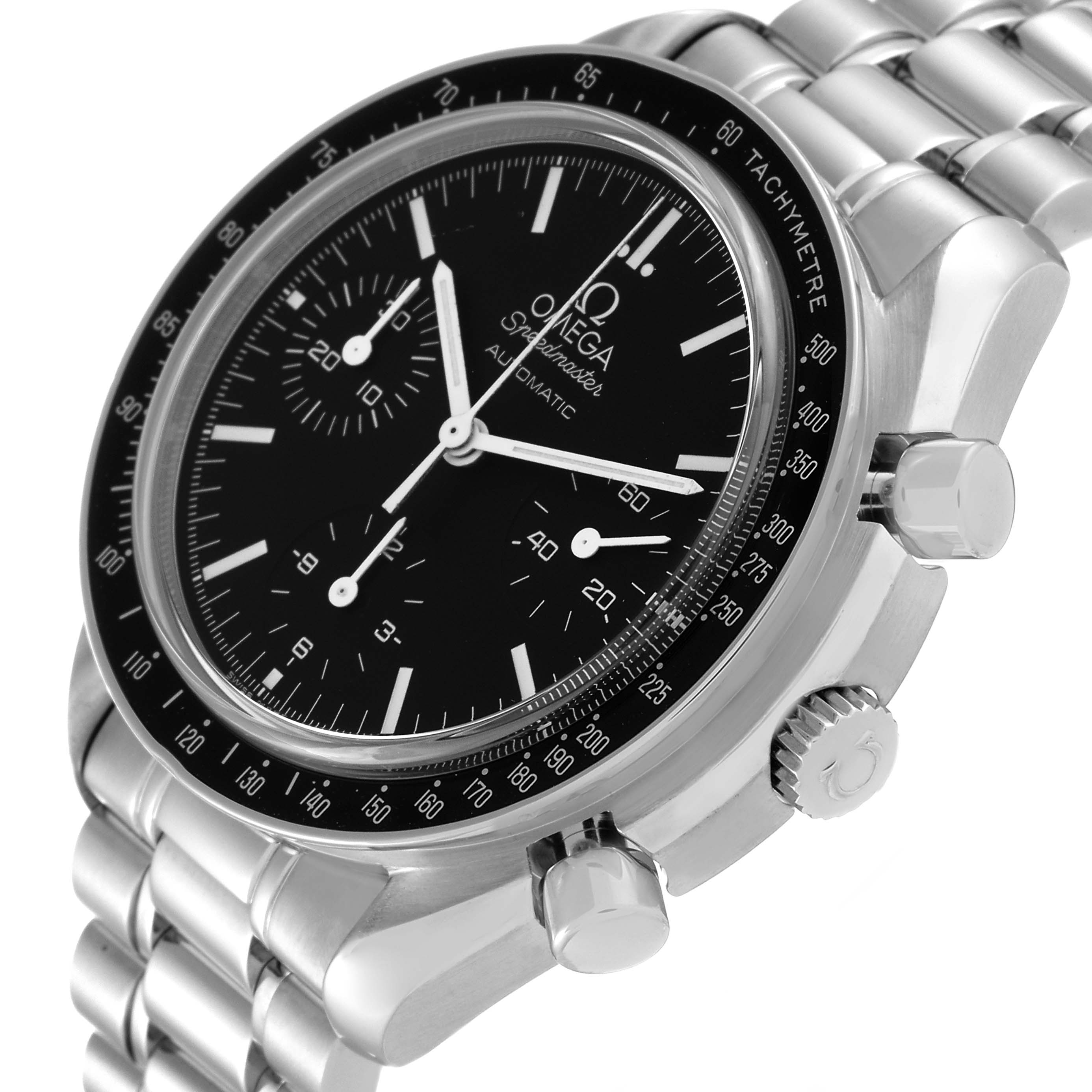 The Omega Speedmaster 3539.50.00 Men
s Stainless Steel Black Dial 3539.50.00 Men
s Stainless Steel Black Dial watch is shown at an angle highlighting the face, bezel, crown, pushers, and part of the bracelet.