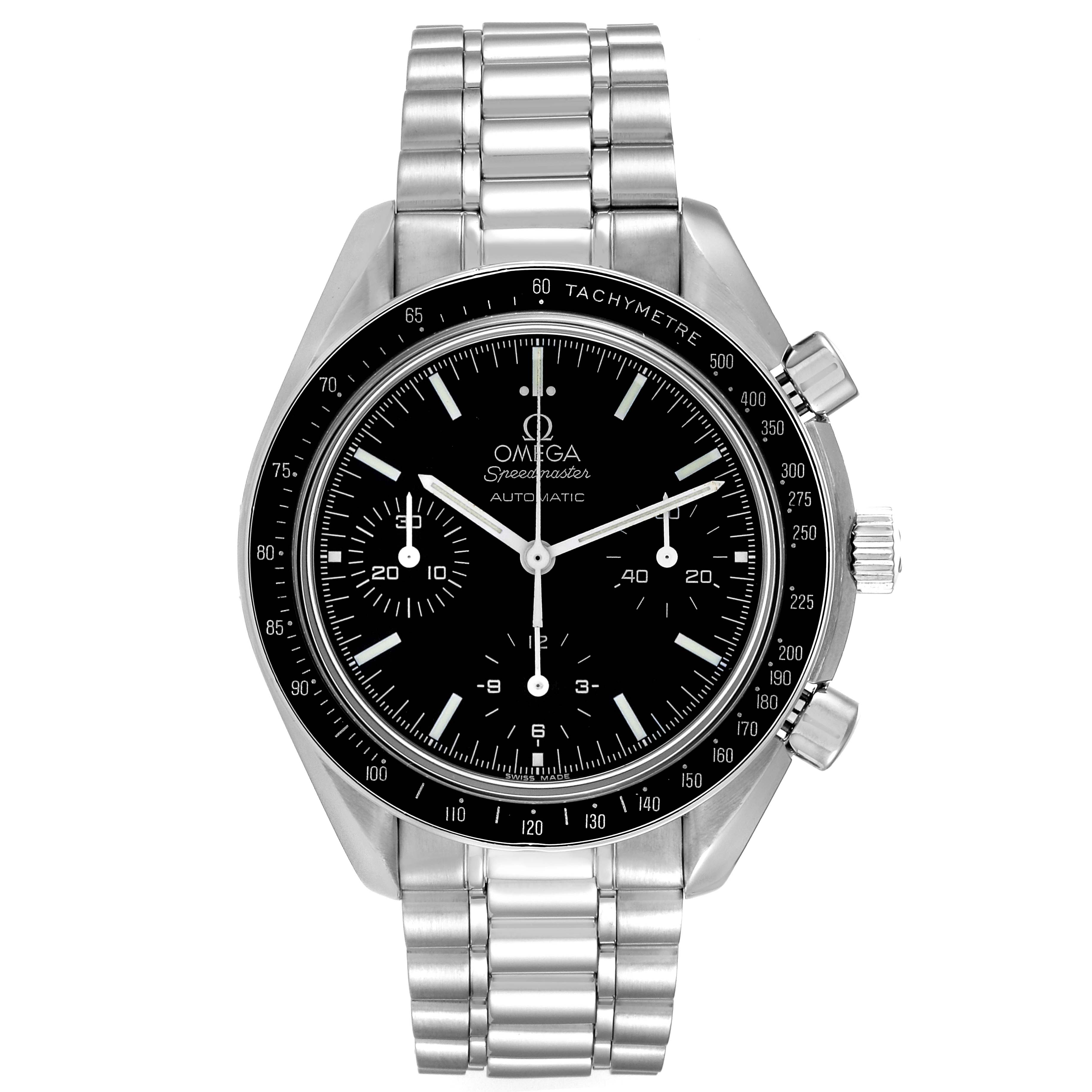 This is a frontal view of an Omega Speedmaster 3539.50.00 Men
s Stainless Steel Black Dial 3539.50.00 Men
s Stainless Steel Black Dial watch displaying its face, bezel, chronograph pushers, and stainless steel bracelet.