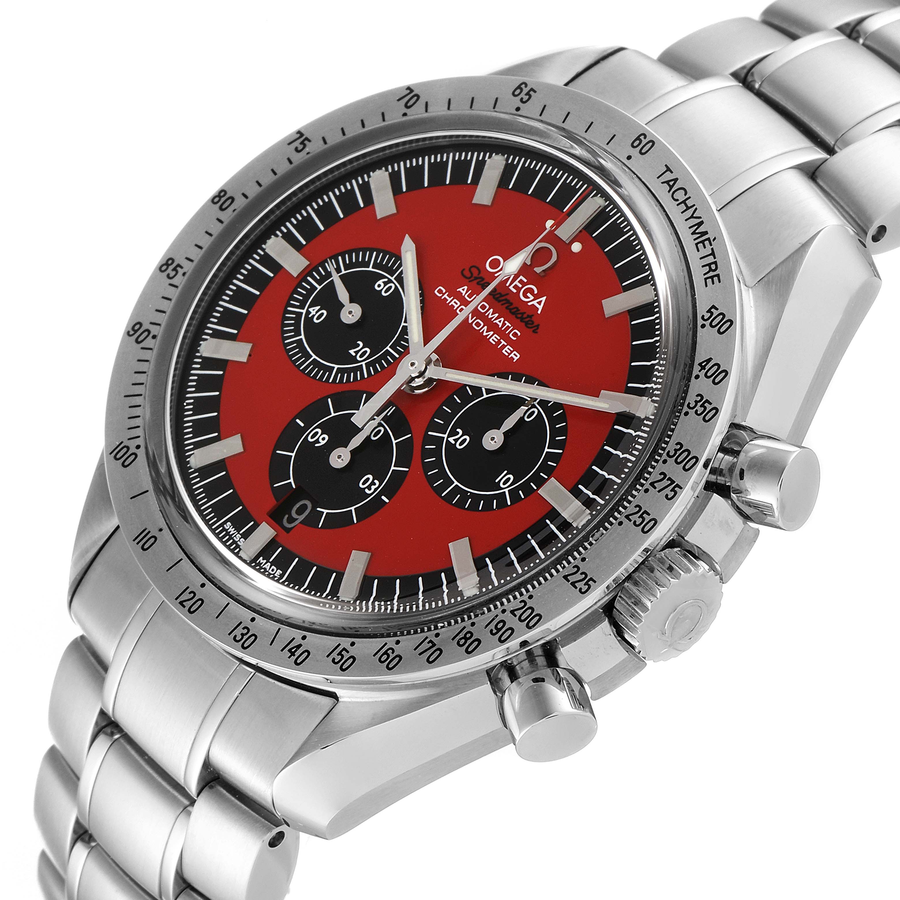 The image shows an Omega Speedmaster 3506.61.00 Men
s Stainless Steel Red Dial 3506.61.00 Men
s Stainless Steel Red Dial watch at a slight angle, highlighting the face, bezel, crown, and part of the bracelet.