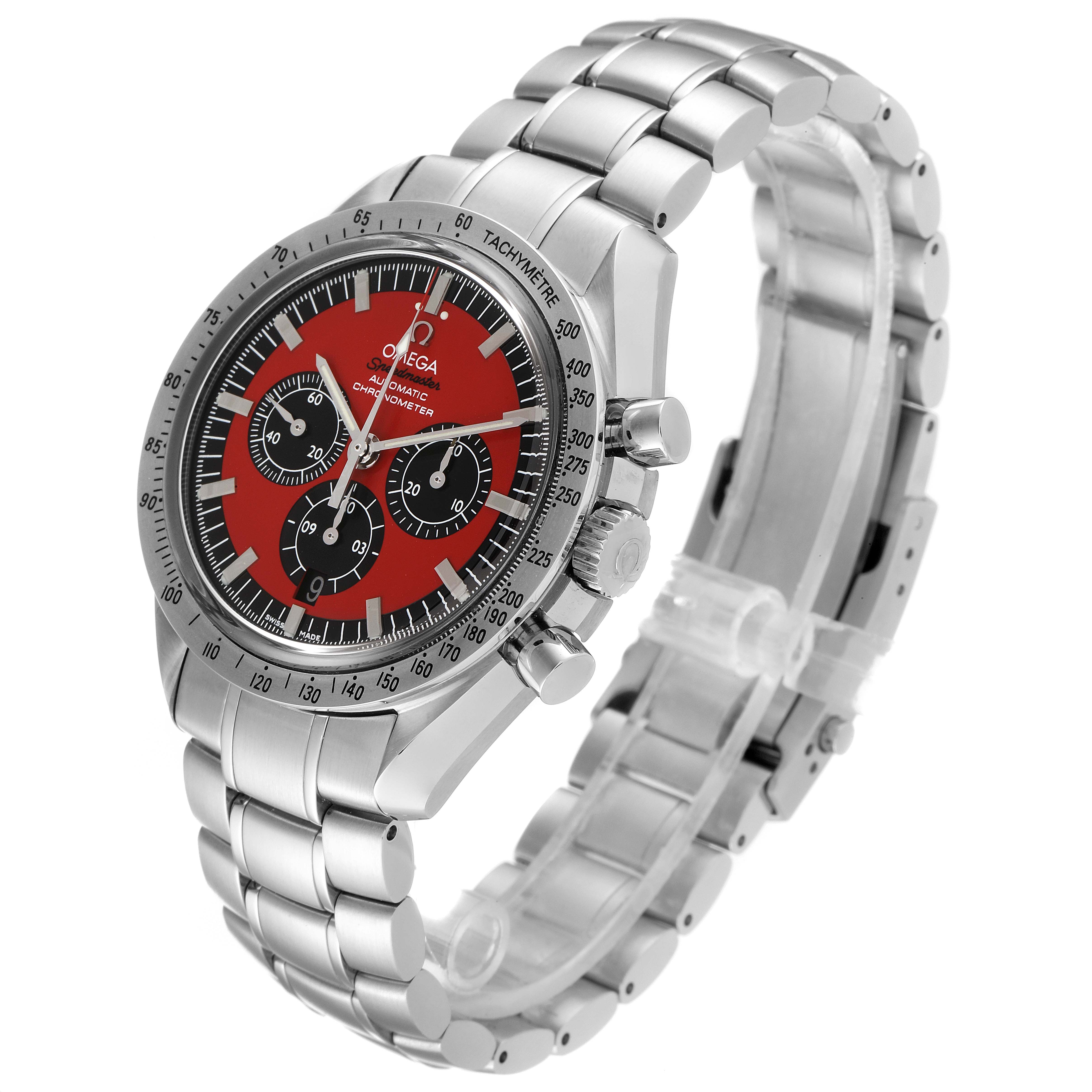 The Omega Speedmaster 3506.61.00 Men
s Stainless Steel Red Dial 3506.61.00 Men
s Stainless Steel Red Dial watch is shown at a slightly tilted angle, showcasing the dial, bezel, crown, pushers, and bracelet.