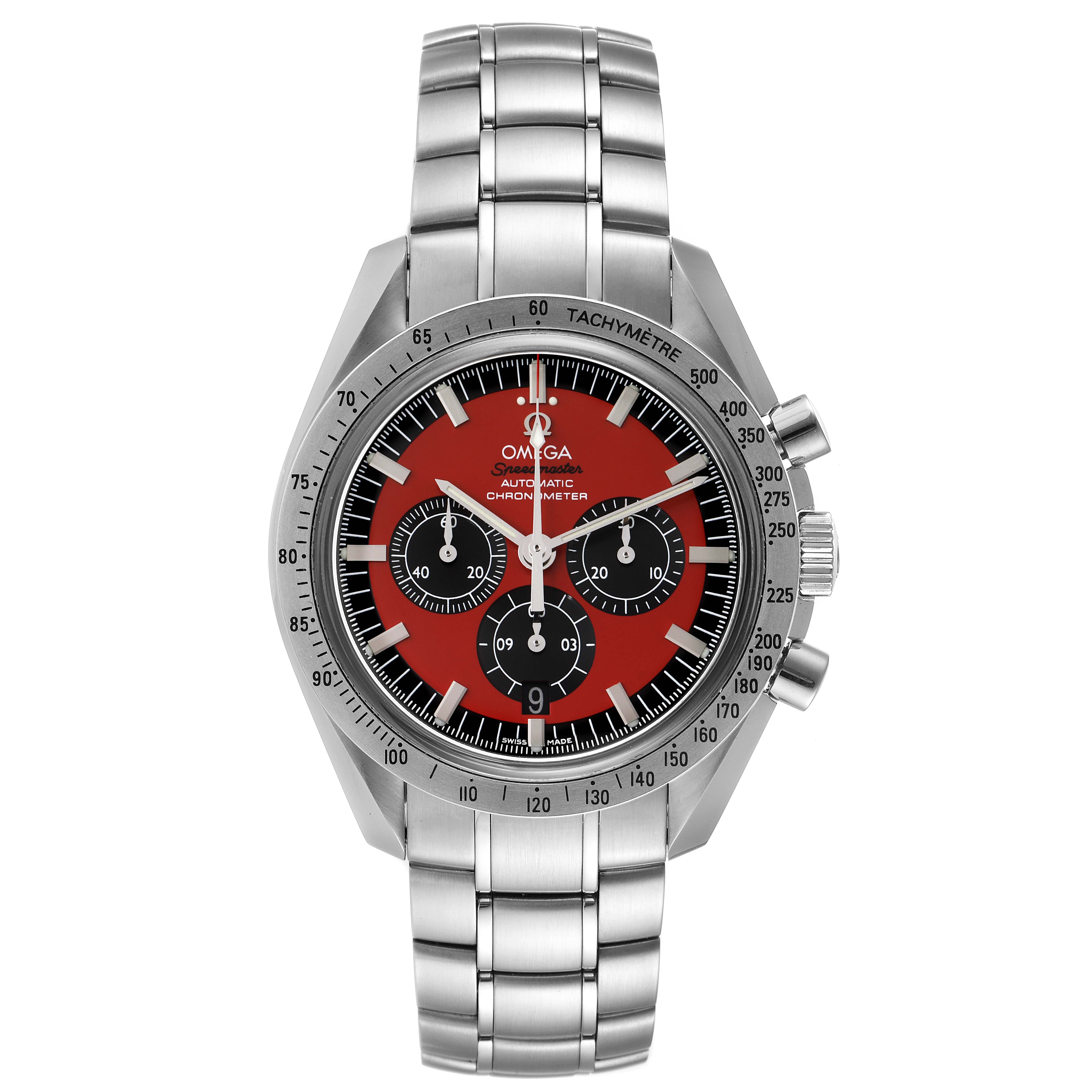 The image shows a frontal view of the Omega Speedmaster 3506.61.00 Men
s Stainless Steel Red Dial 3506.61.00 Men
s Stainless Steel Red Dial watch, highlighting its stainless steel bracelet, red dial, and chronograph subdials.