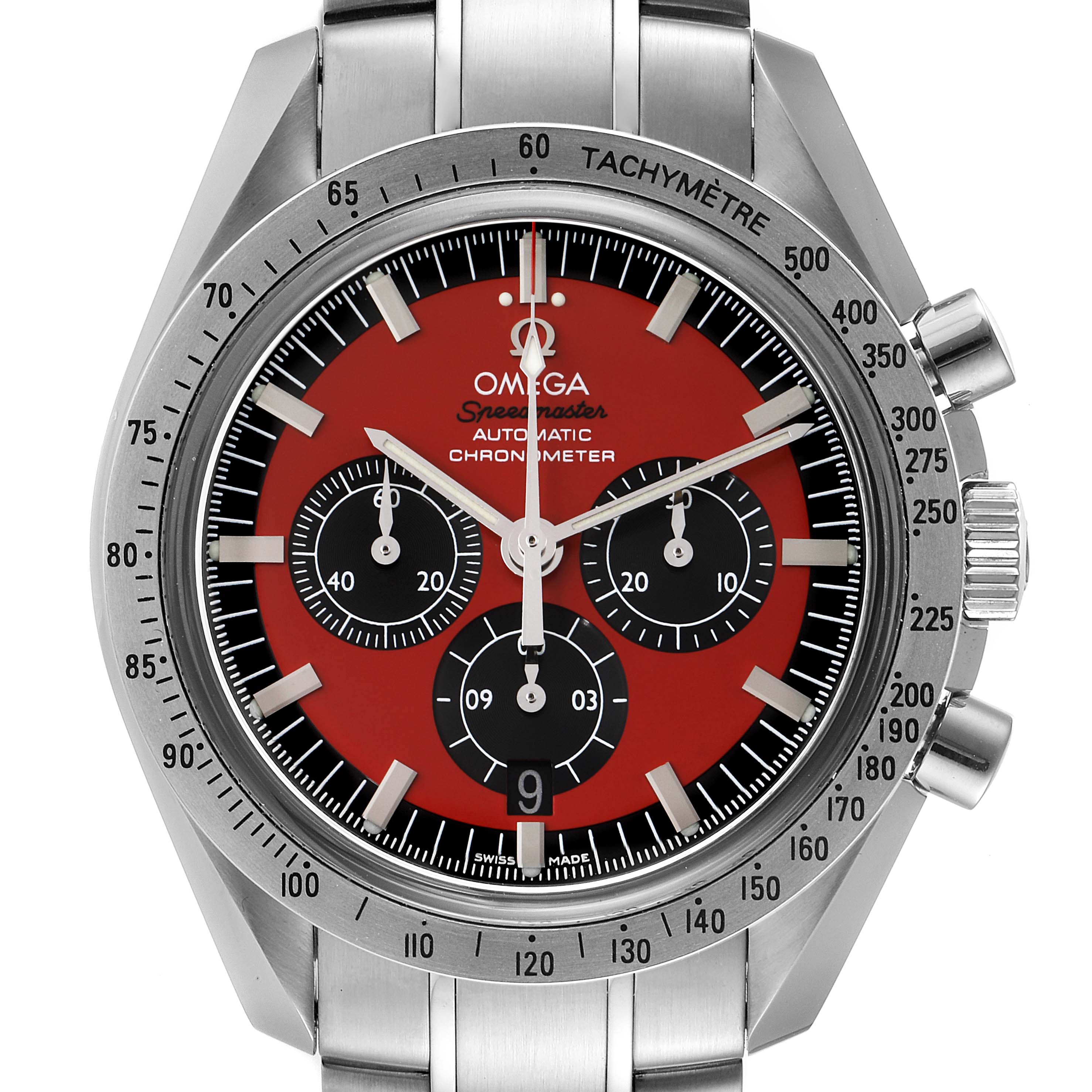 This is a front view of the Omega Speedmaster 3506.61.00 Men
s Stainless Steel Red Dial 3506.61.00 Men
s Stainless Steel Red Dial watch, showing the red dial, tachymeter bezel, chronograph subdials, and stainless steel bracelet.