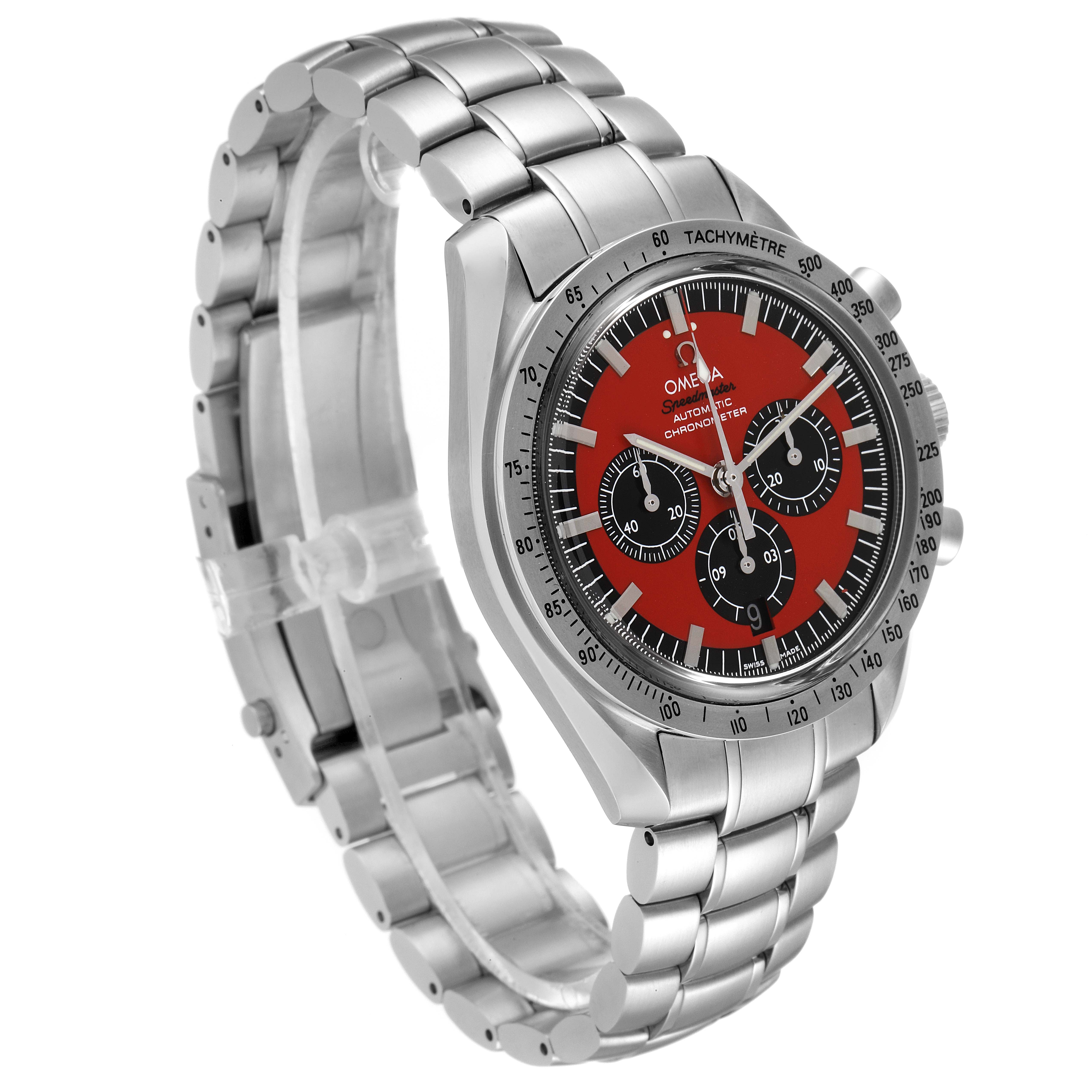 This Omega Speedmaster 3506.61.00 Men
s Stainless Steel Red Dial 3506.61.00 Men
s Stainless Steel Red Dial watch is shown at an angled view, highlighting its red dial, chronograph subdials, and stainless steel bracelet.